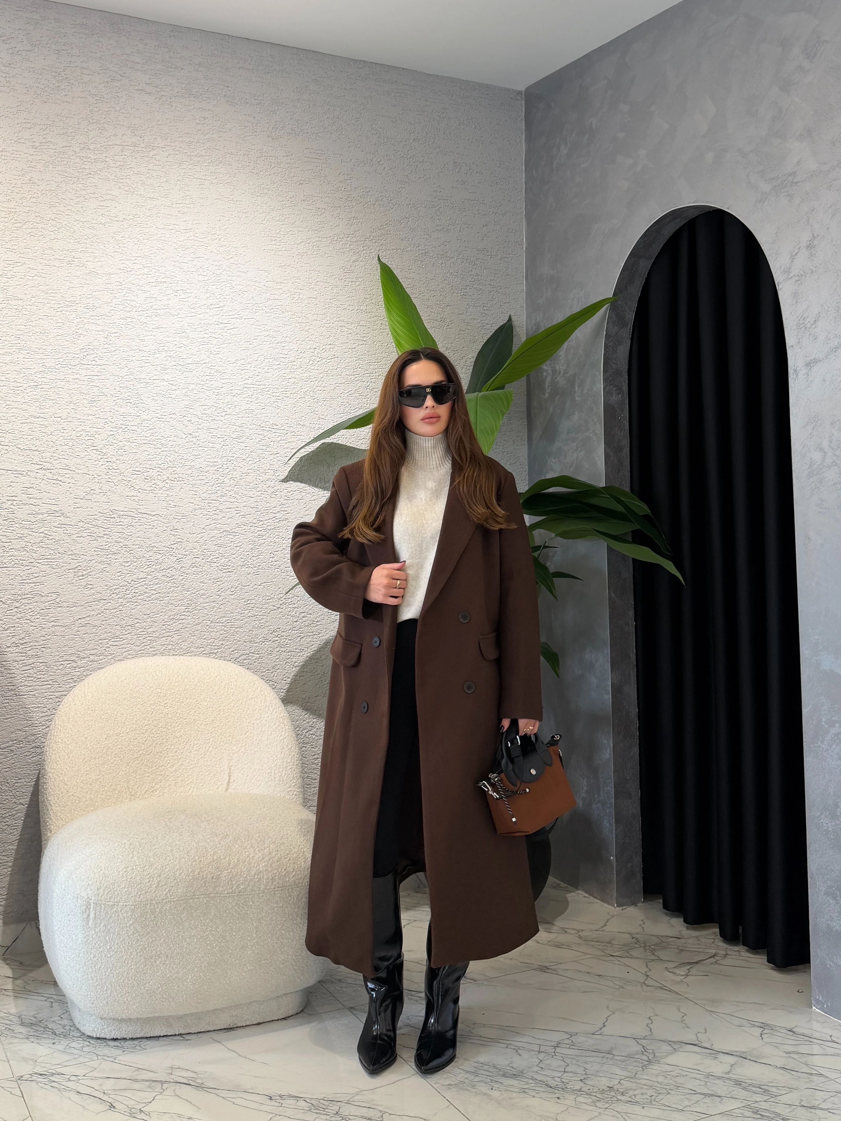 ZR Model Kruvaze Kaşe Kaban - Acı Kahve