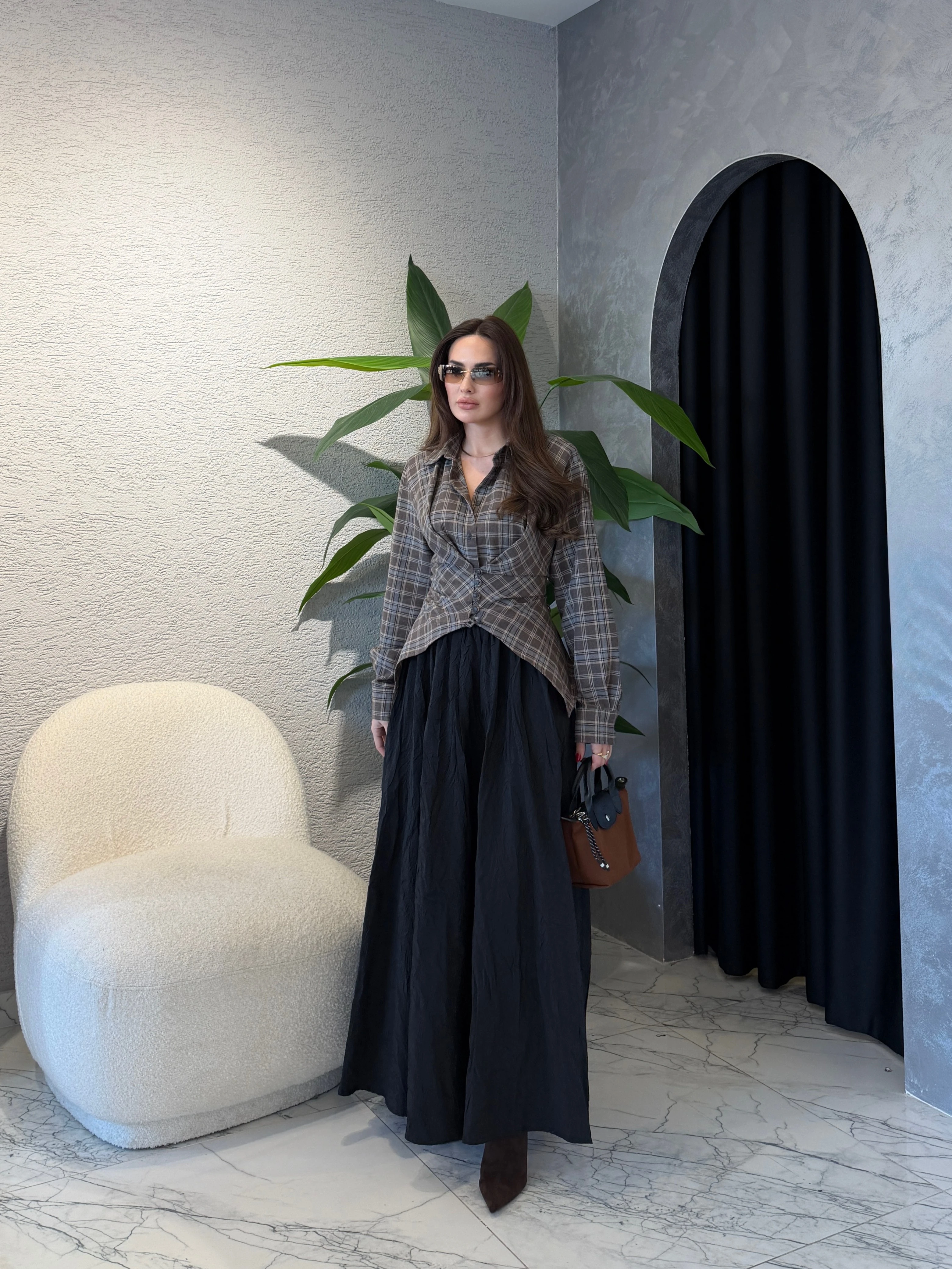 Kıraşlı Kırışık Efektli Bohem Etek