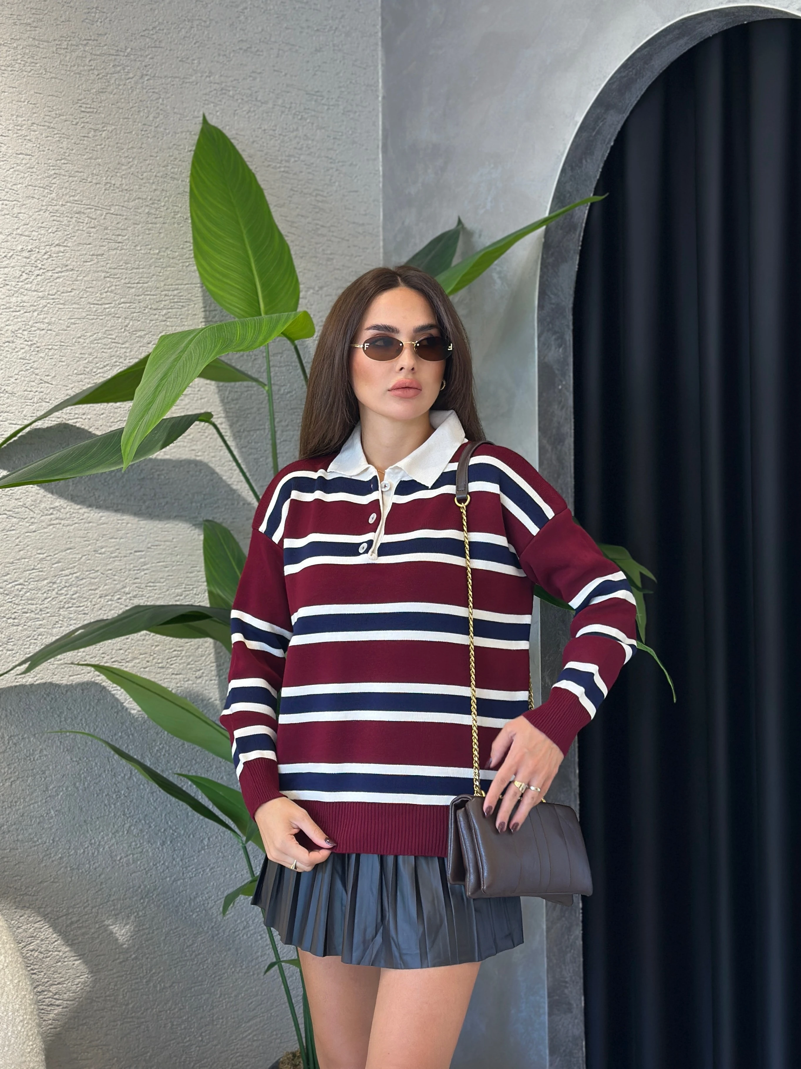 Polo Yaka Çizgili Kazak