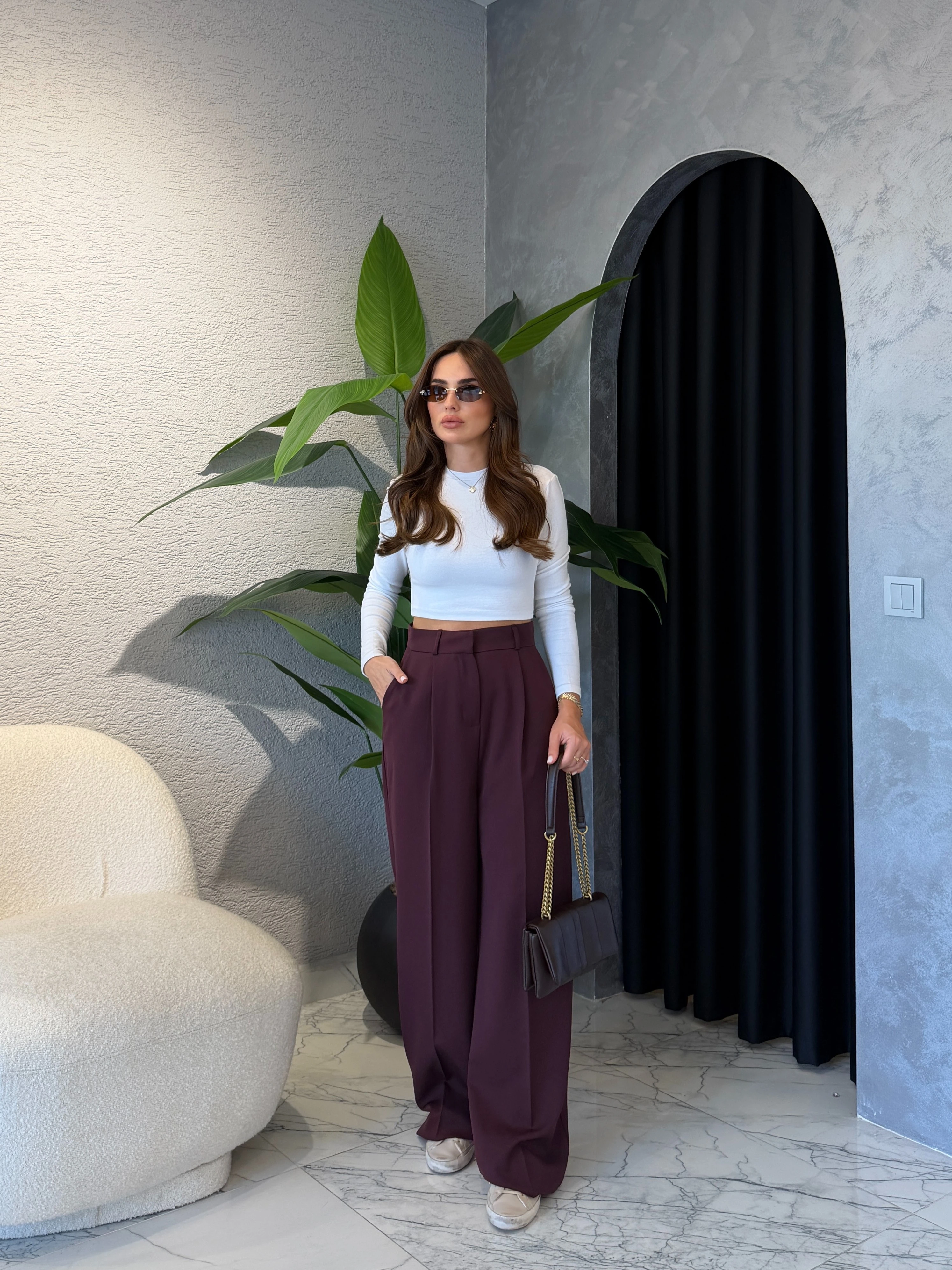 Duble Kumaş Palazzo Pantolon  - Bordo