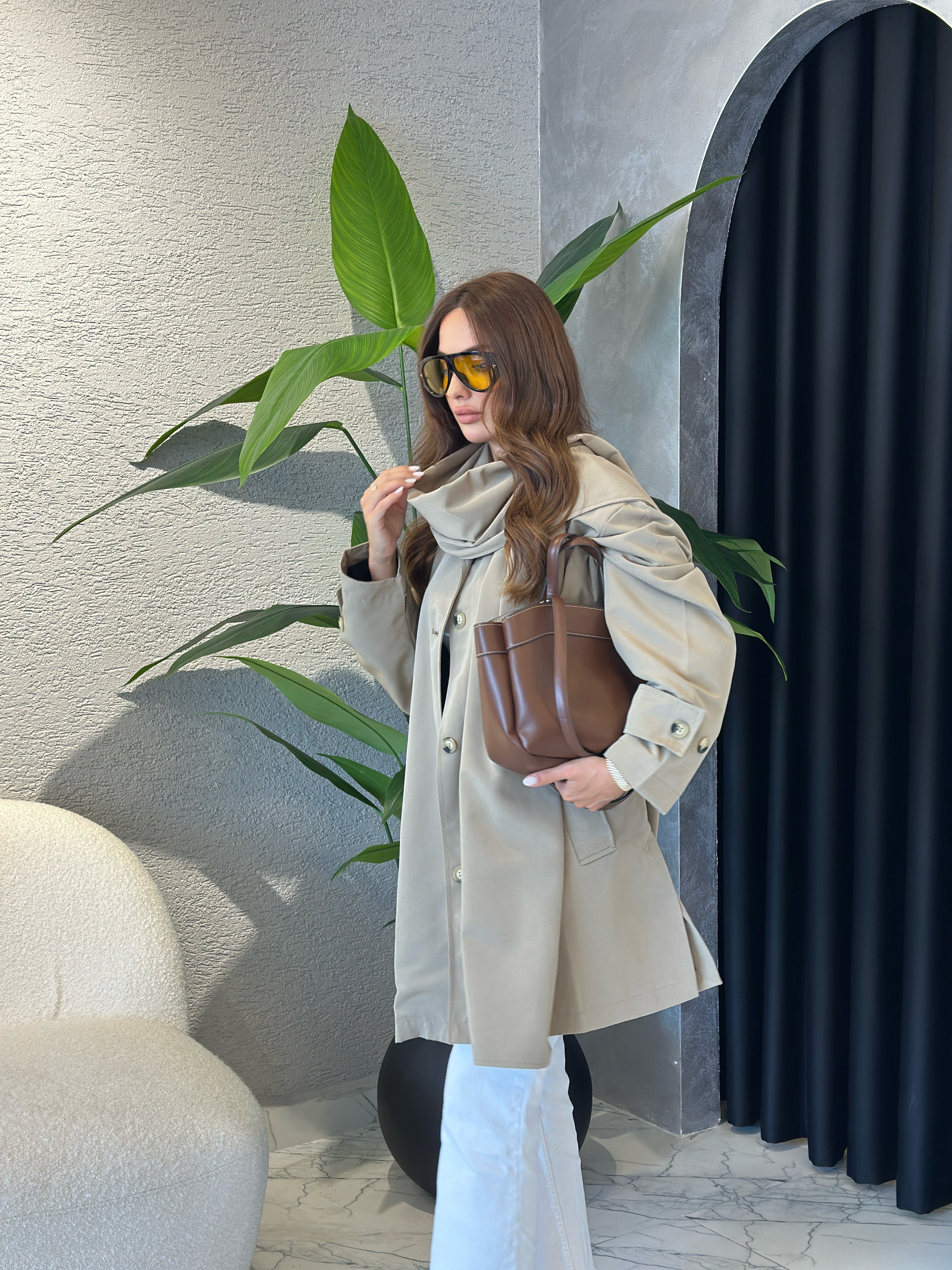 Taş Renk Çıkarılabilir Şallı Oversize Trençkot 