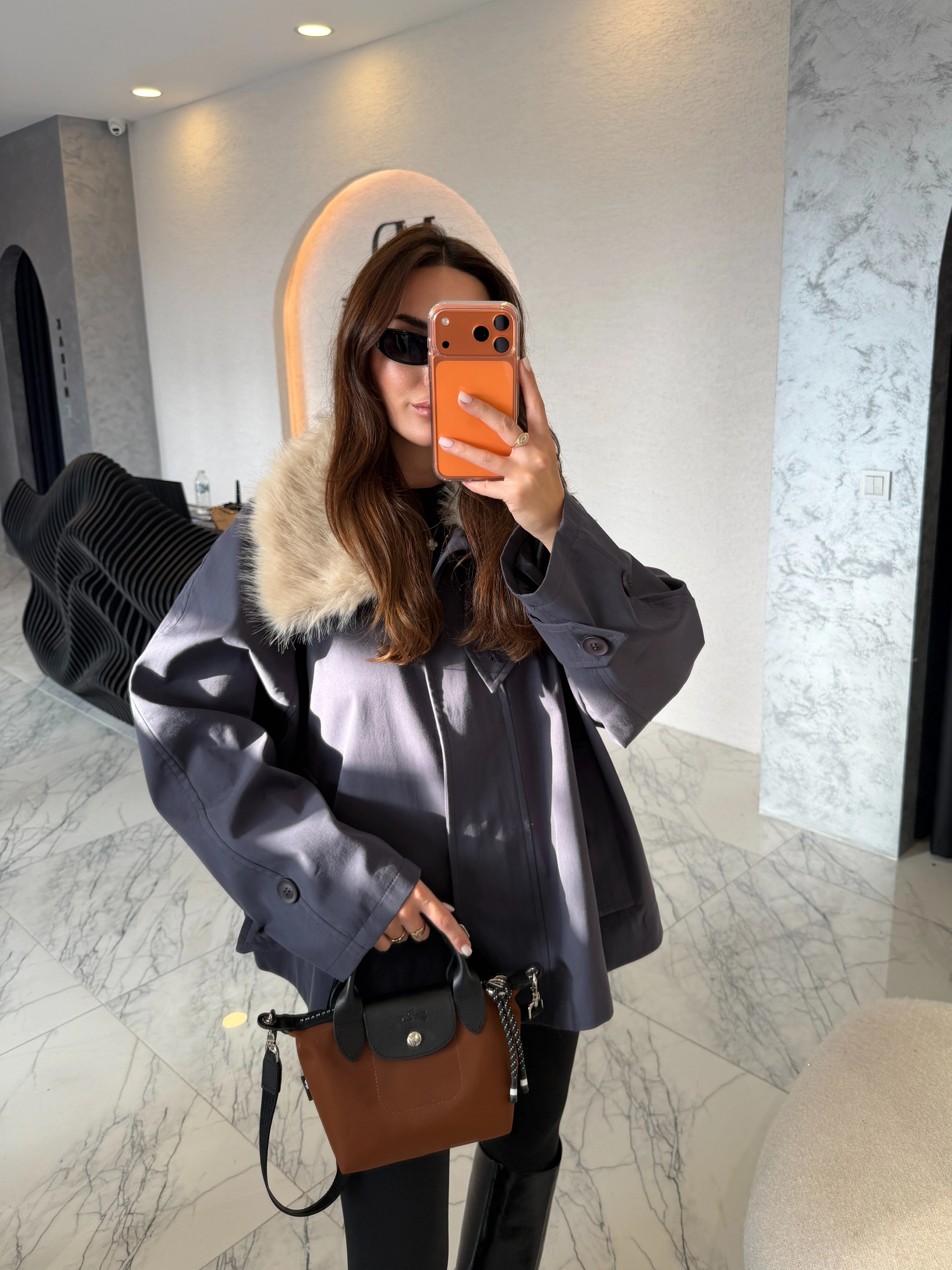 İndigo Çıkarılabilir Kürk Yakalı Premium Trençkot