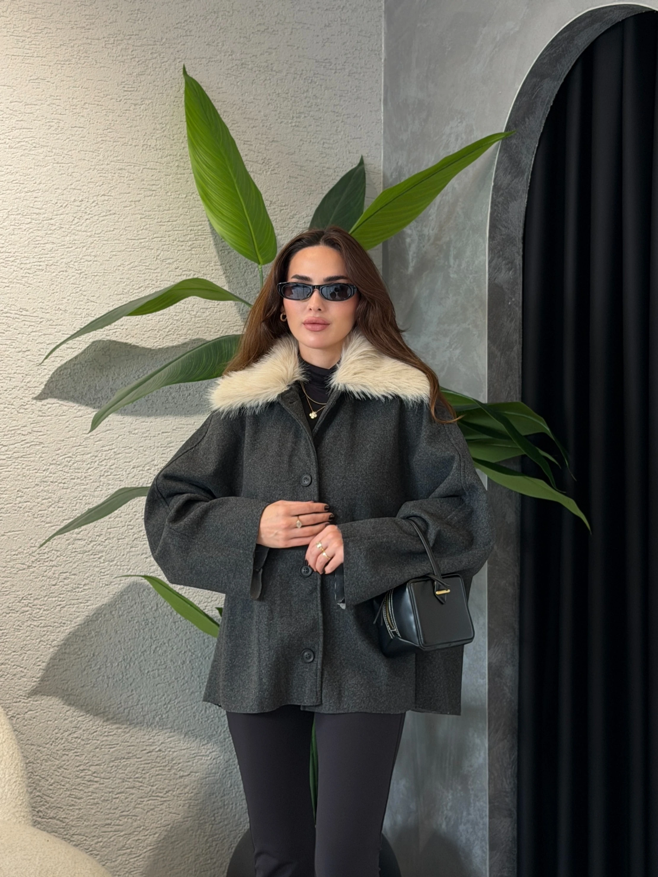 ZR Model Çıkarılabilir Kürk Detaylı Kaşe Ceket - Gri