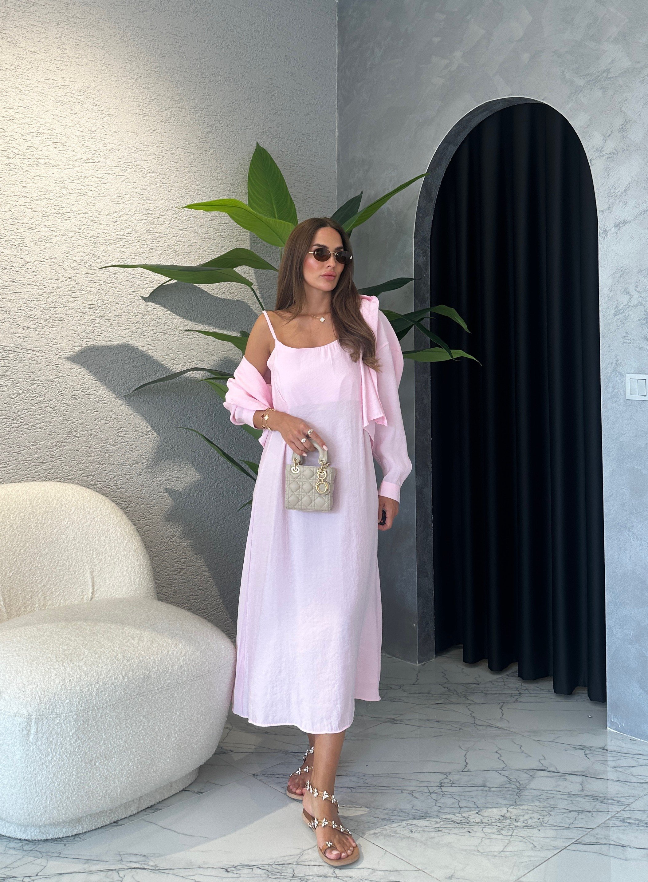 Tencel Modal Gömlekli Askılı Elbise - Pembe