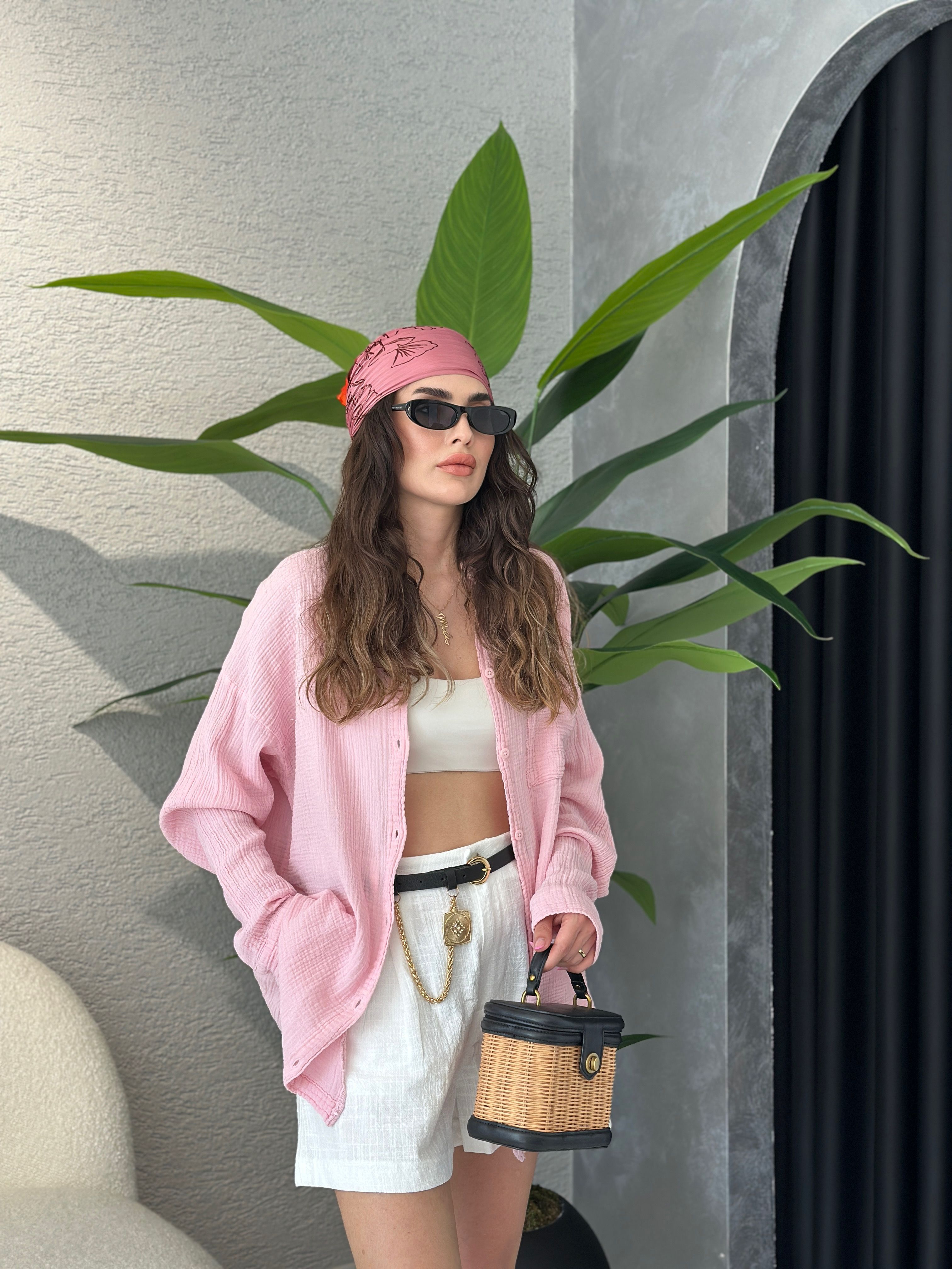 Müslin Kumaş Oversize Gömlek - Pembe