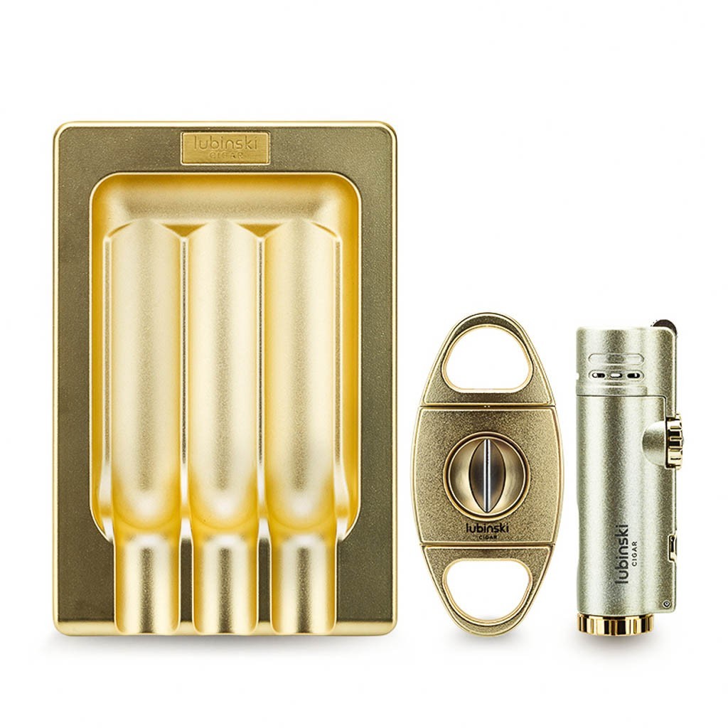 Lubinski Metal Gold Cigar
  Set  Cigar Ashtray + 4 Torch Lighter +
  V-Cut Cutter 5558AT