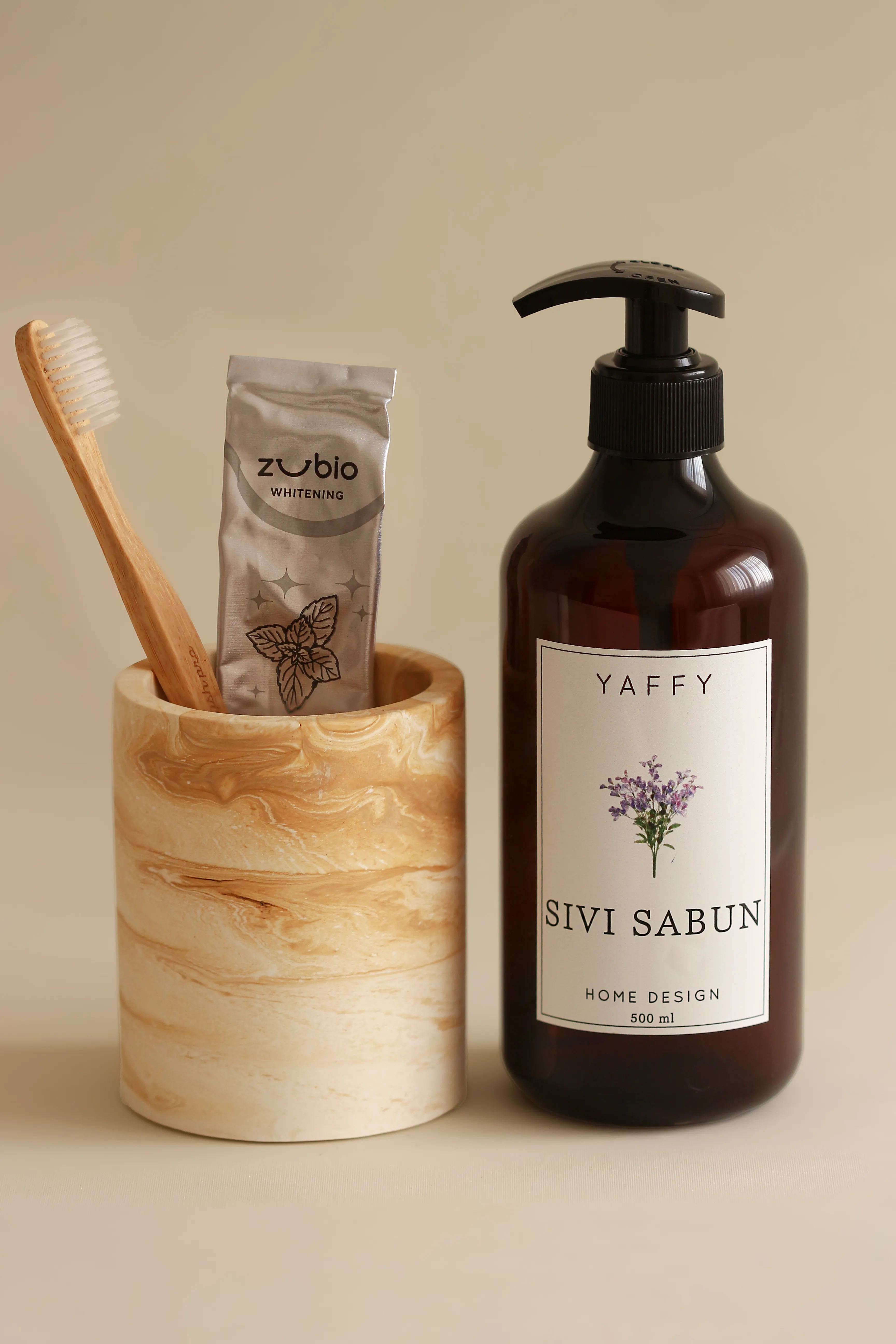Mermer Desenli Diş Fırçalık & Amber Sıvı Sabunluk