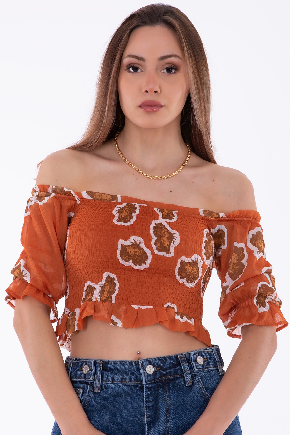 Kadın Lastik Detaylı Madonna Crop Bluz - 105355