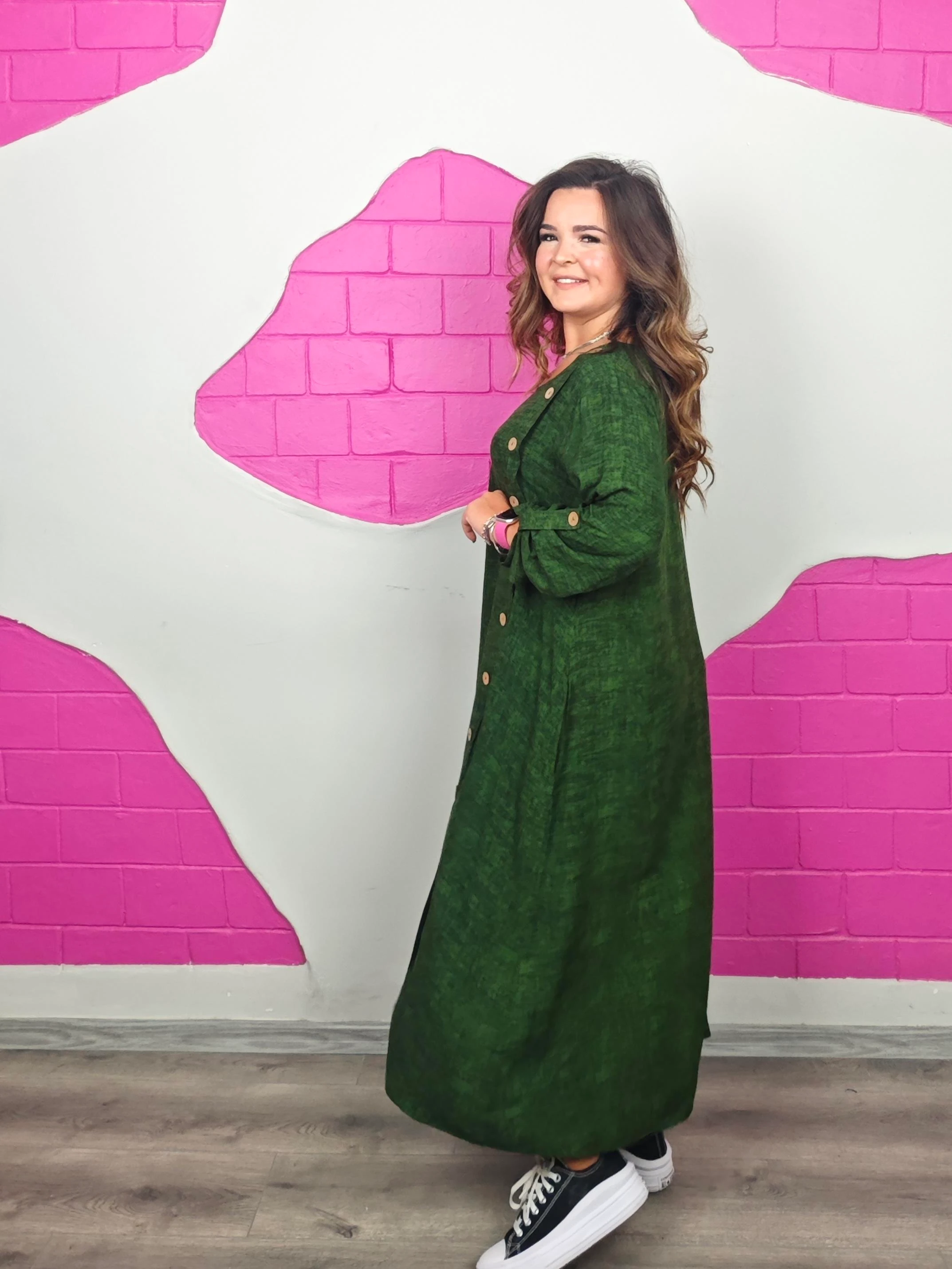 BÜYÜK BEDEN YEŞİL DÜĞMELİ VİSKON ELBİSE ÖN SİPARİŞE AÇIK 24 EYLÜL KARGO