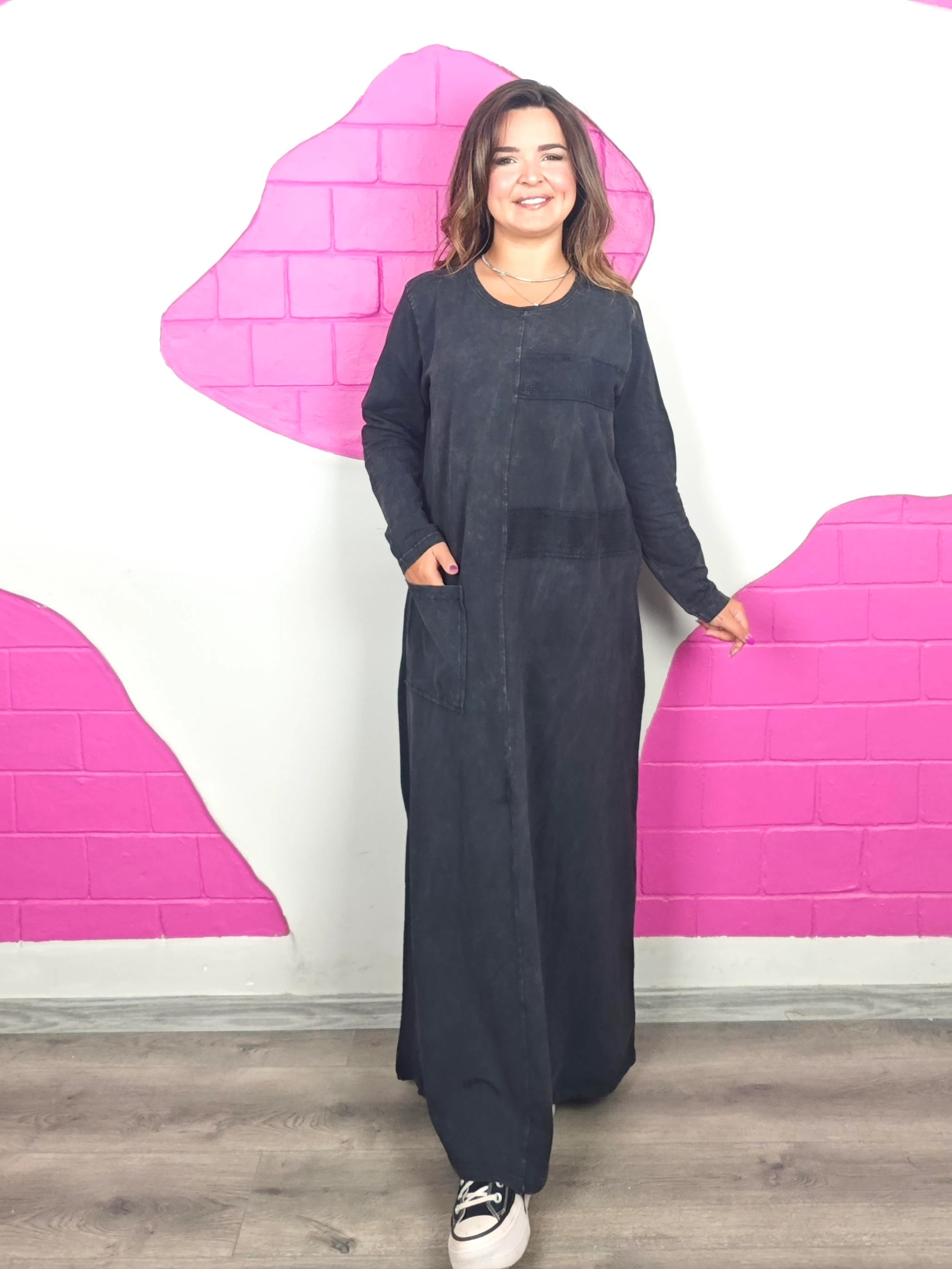 BÜYÜK BEDEN YIKAMALI FİLE ANTRASİT ELBİSE