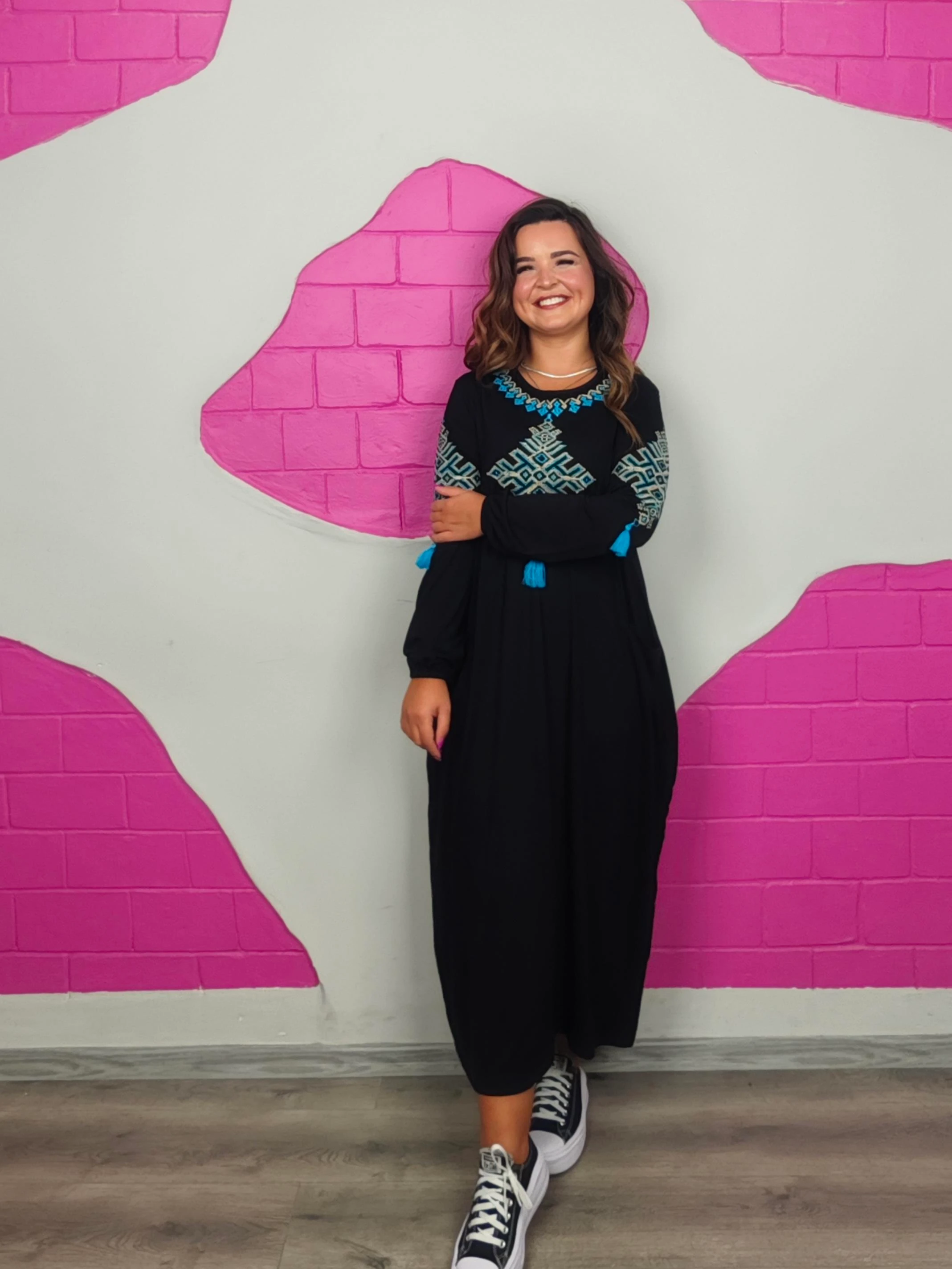 BÜYÜK BEDEN MAVİ NAKIŞLI ELBİSE