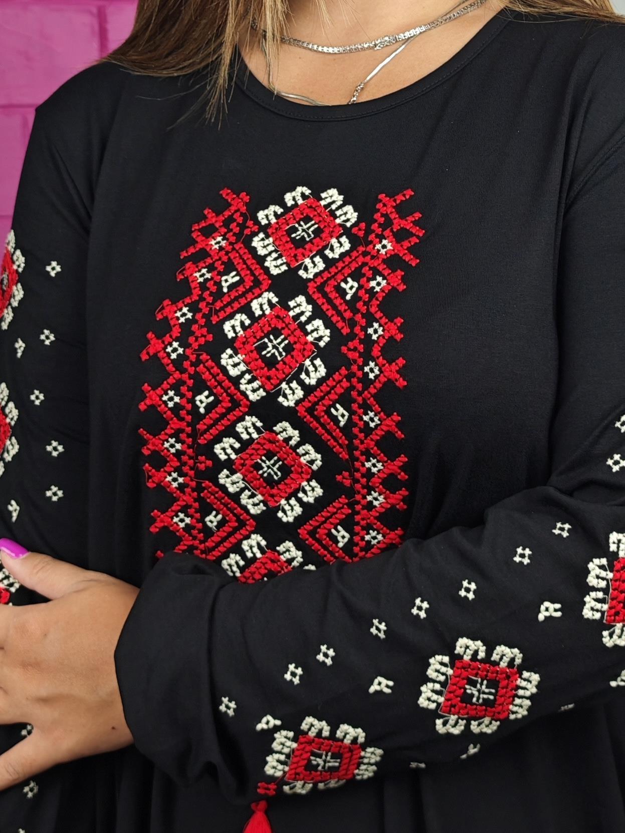 BÜYÜK BEDEN KIRMIZI NAKIŞLI ELBİSE