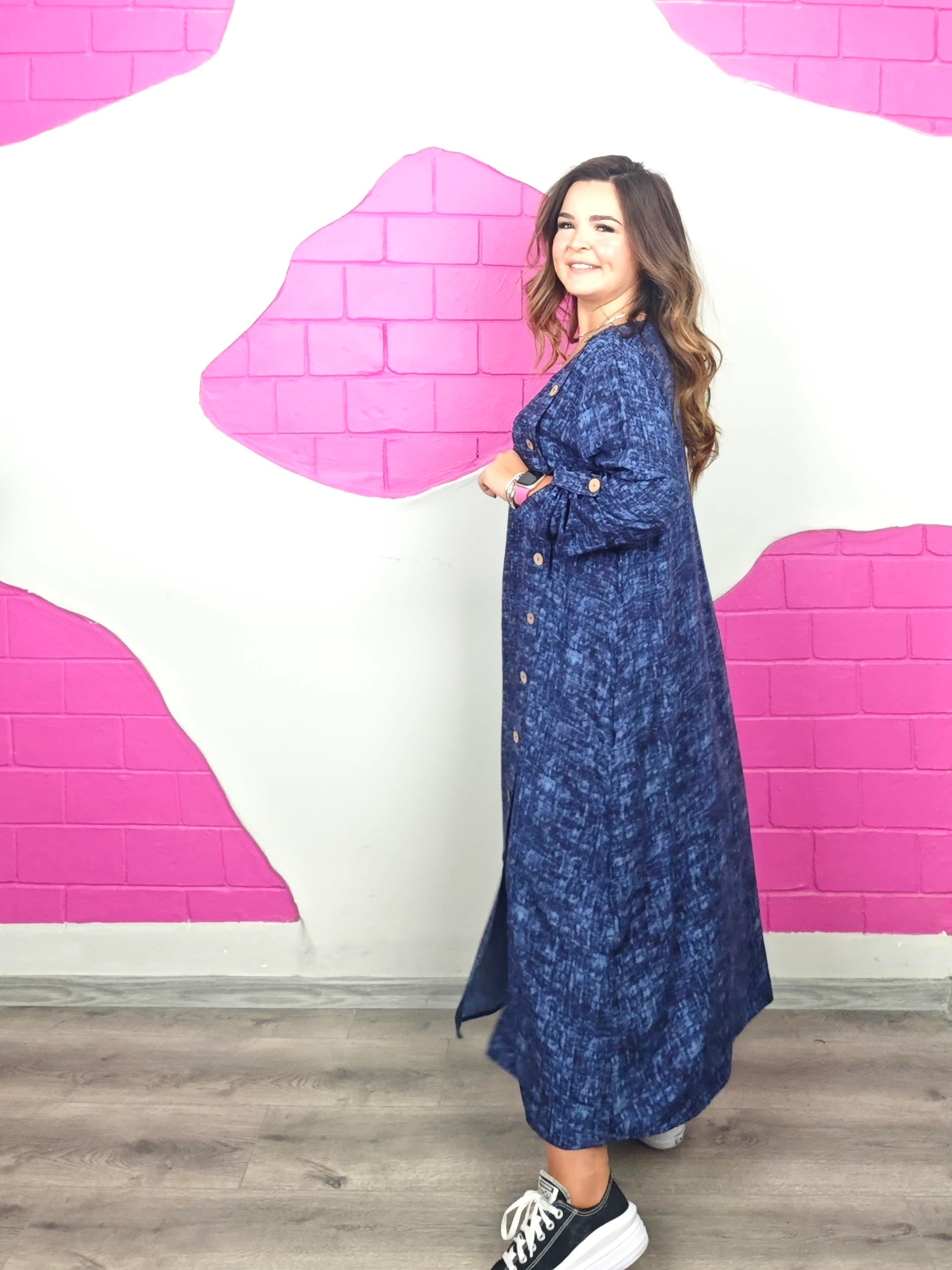 BÜYÜK BEDEN MAVİ DÜĞMELİ VİSKON ELBİSE ÖN SİPARİŞE AÇIK 24 EYLÜL KARGO