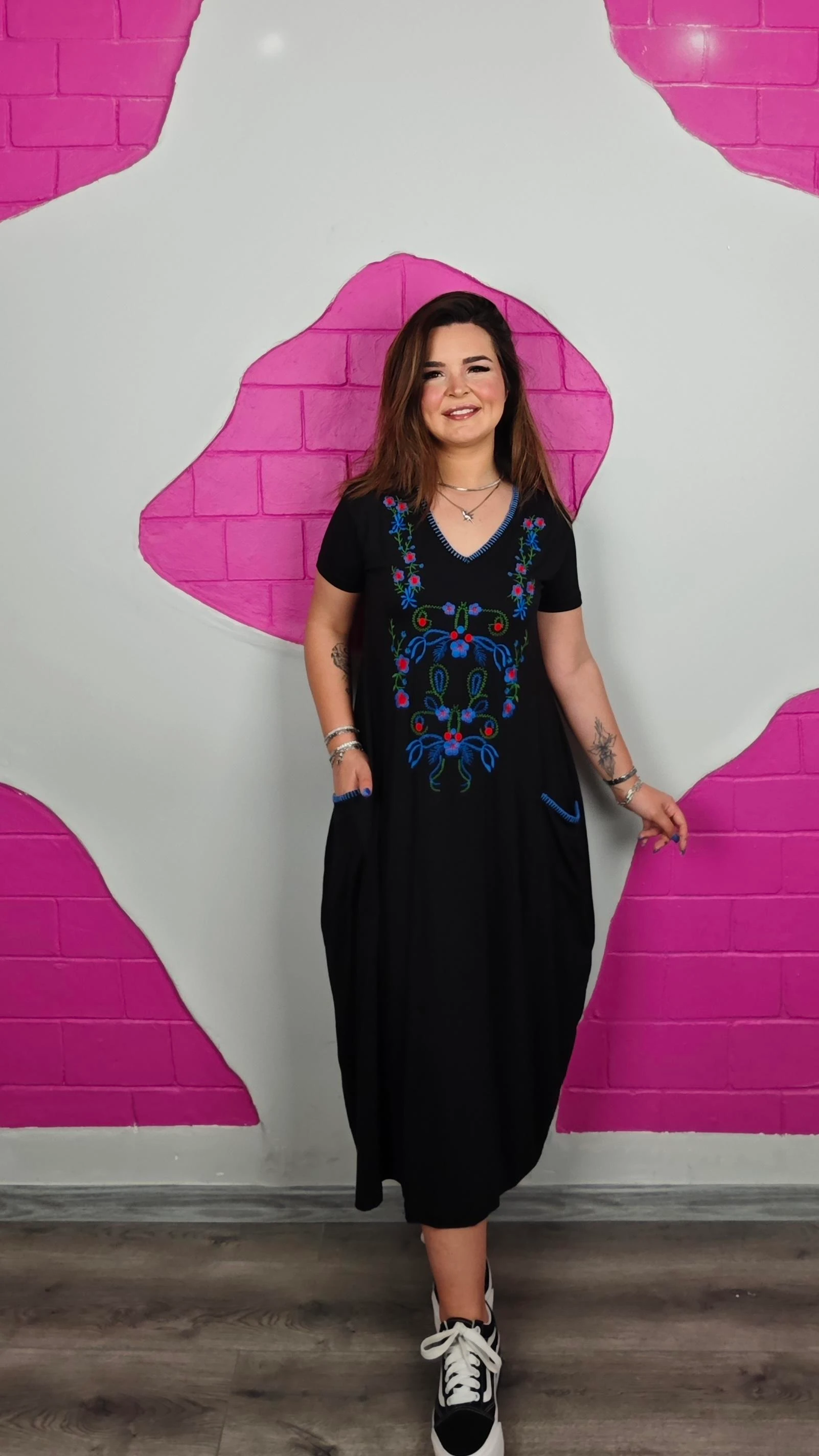 BÜYÜK BEDEN TORBA MAVİ NAKIŞLI ELBİSE