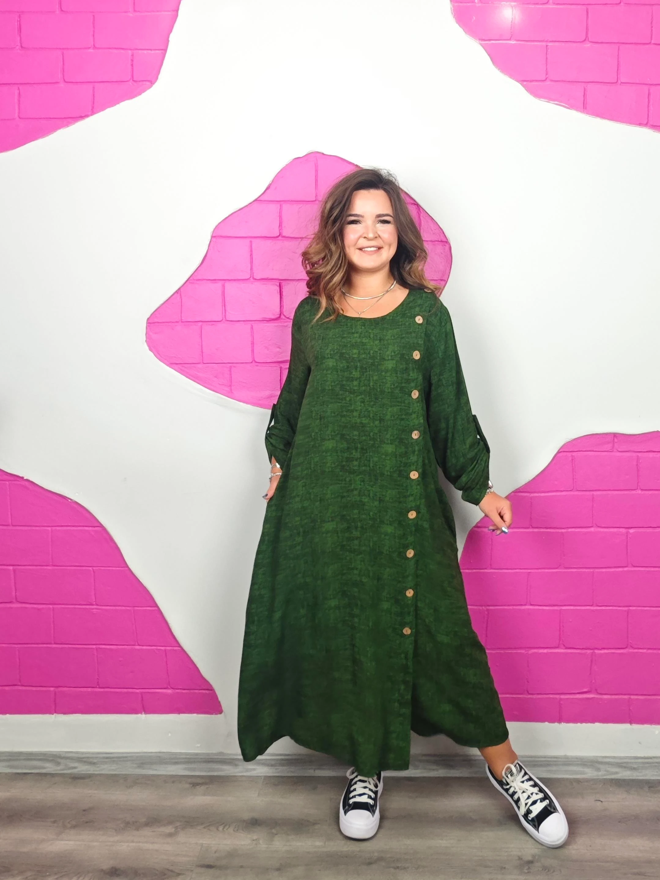 BÜYÜK BEDEN YEŞİL DÜĞMELİ VİSKON ELBİSE ÖN SİPARİŞE AÇIK 24 EYLÜL KARGO