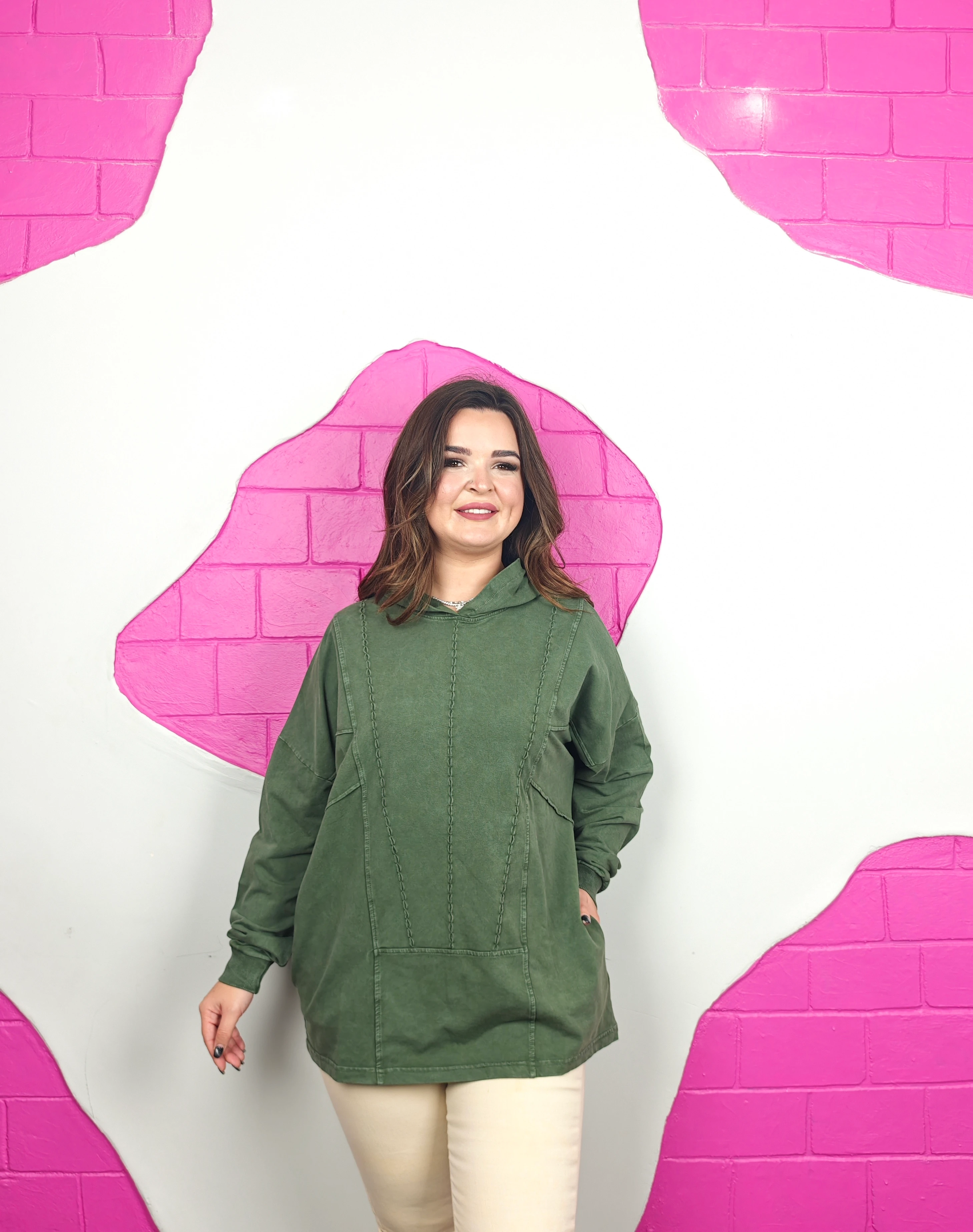 BÜYÜK BEDEN YIKAMALI TASARIM SWEATSHIRT - HAKİ