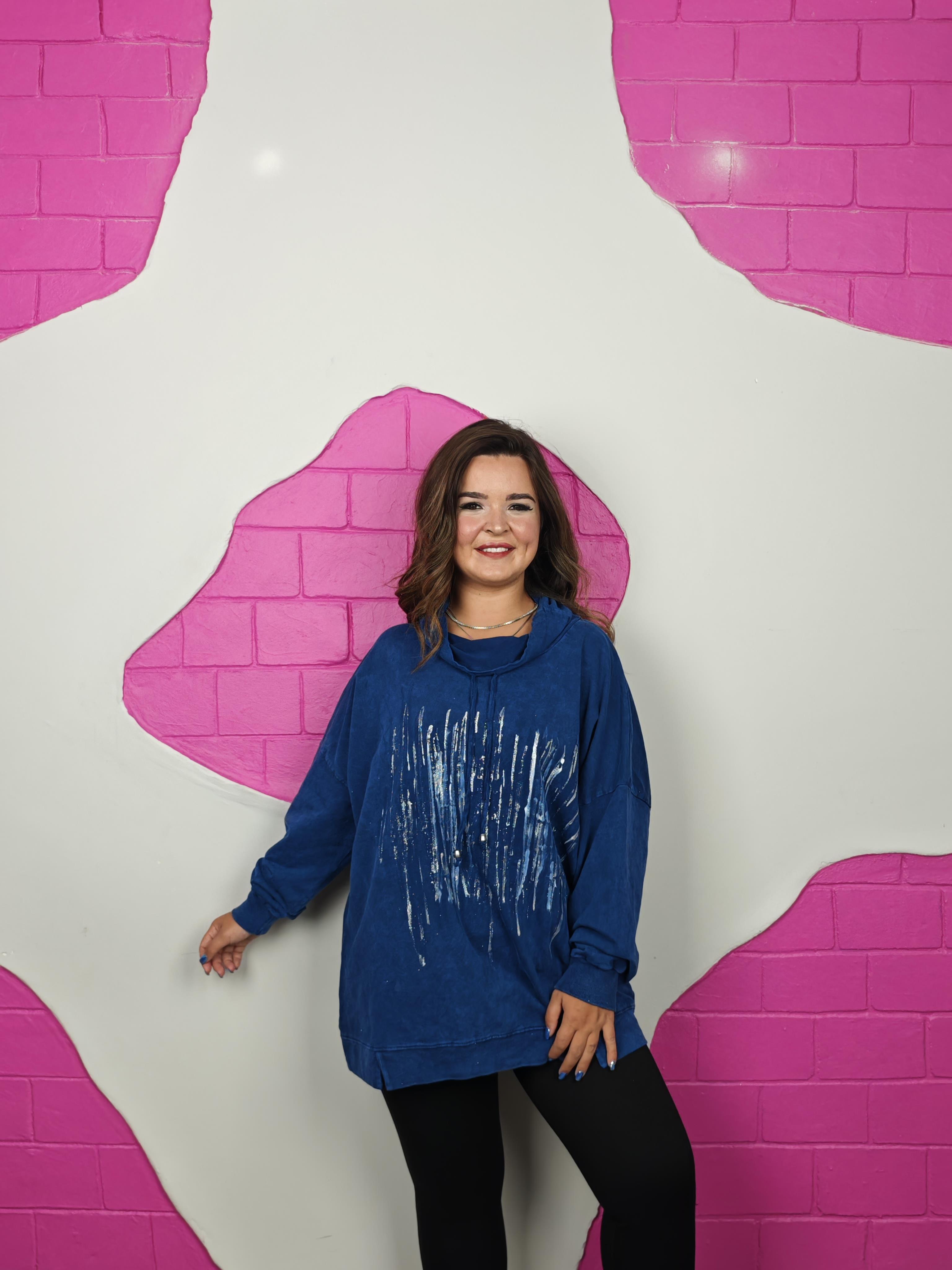 BATTAL BEDEN YAKALI YIKAMAL MAVI SWEATSHIRT