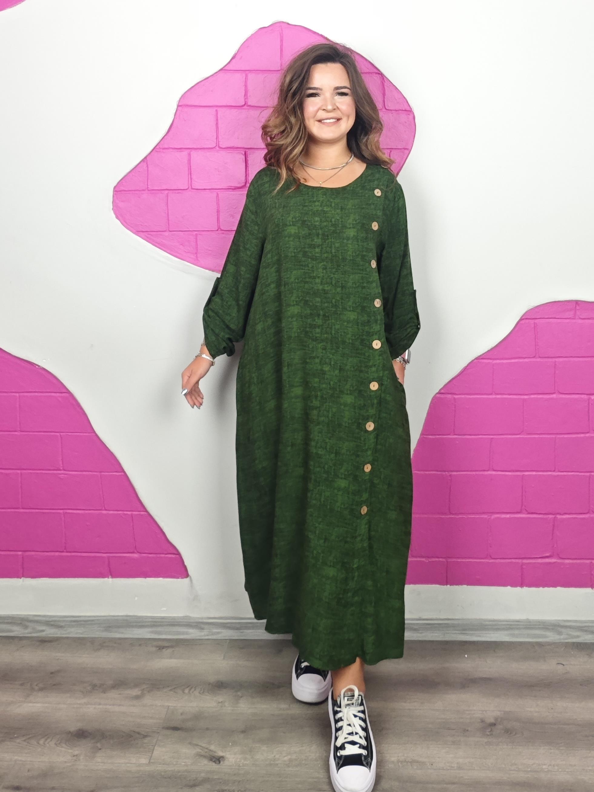 BÜYÜK BEDEN YEŞİL DÜĞMELİ VİSKON ELBİSE ÖN SİPARİŞE AÇIK 24 EYLÜL KARGO