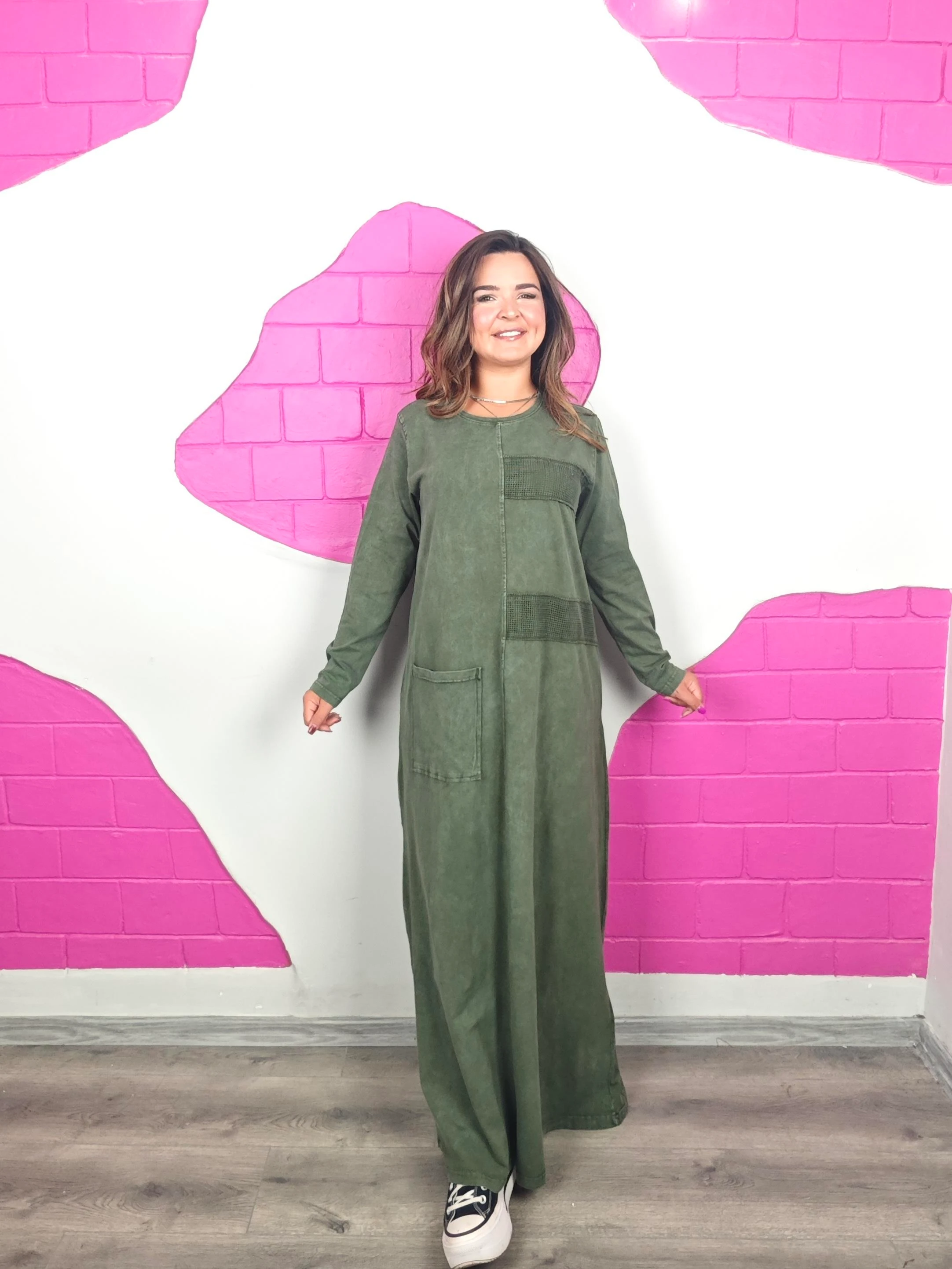 BÜYÜK BEDEN YIKAMALI FİLE HAKİ ELBİSE