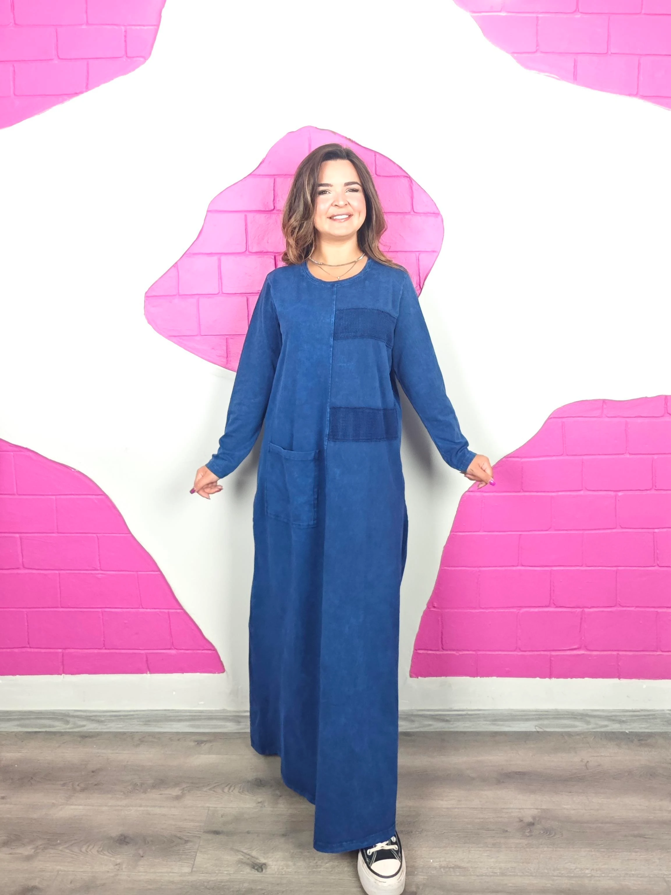 BÜYÜK BEDEN YIKAMALI FİLE LACİVERT ELBİSE