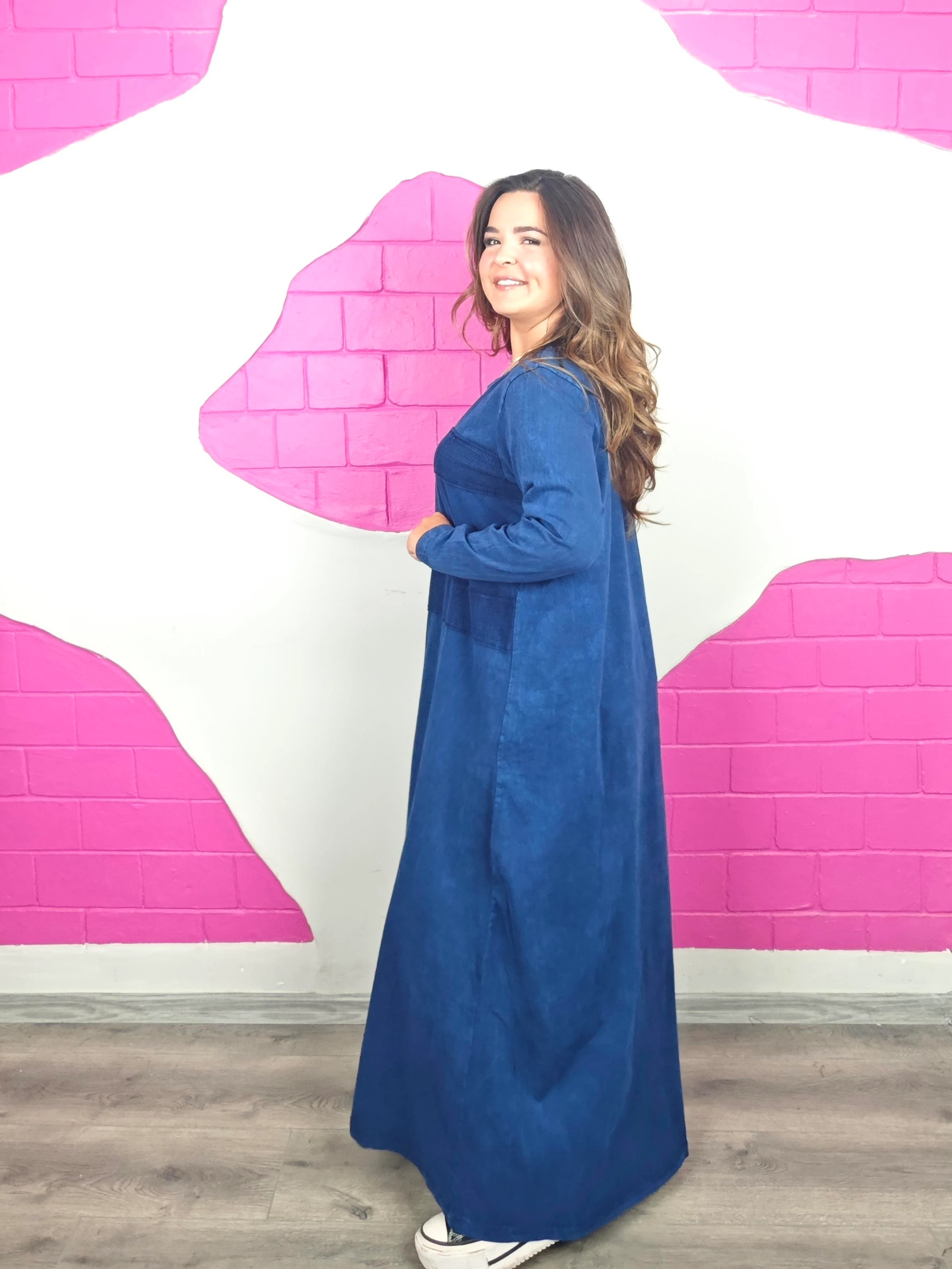 BÜYÜK BEDEN YIKAMALI FİLE LACİVERT ELBİSE