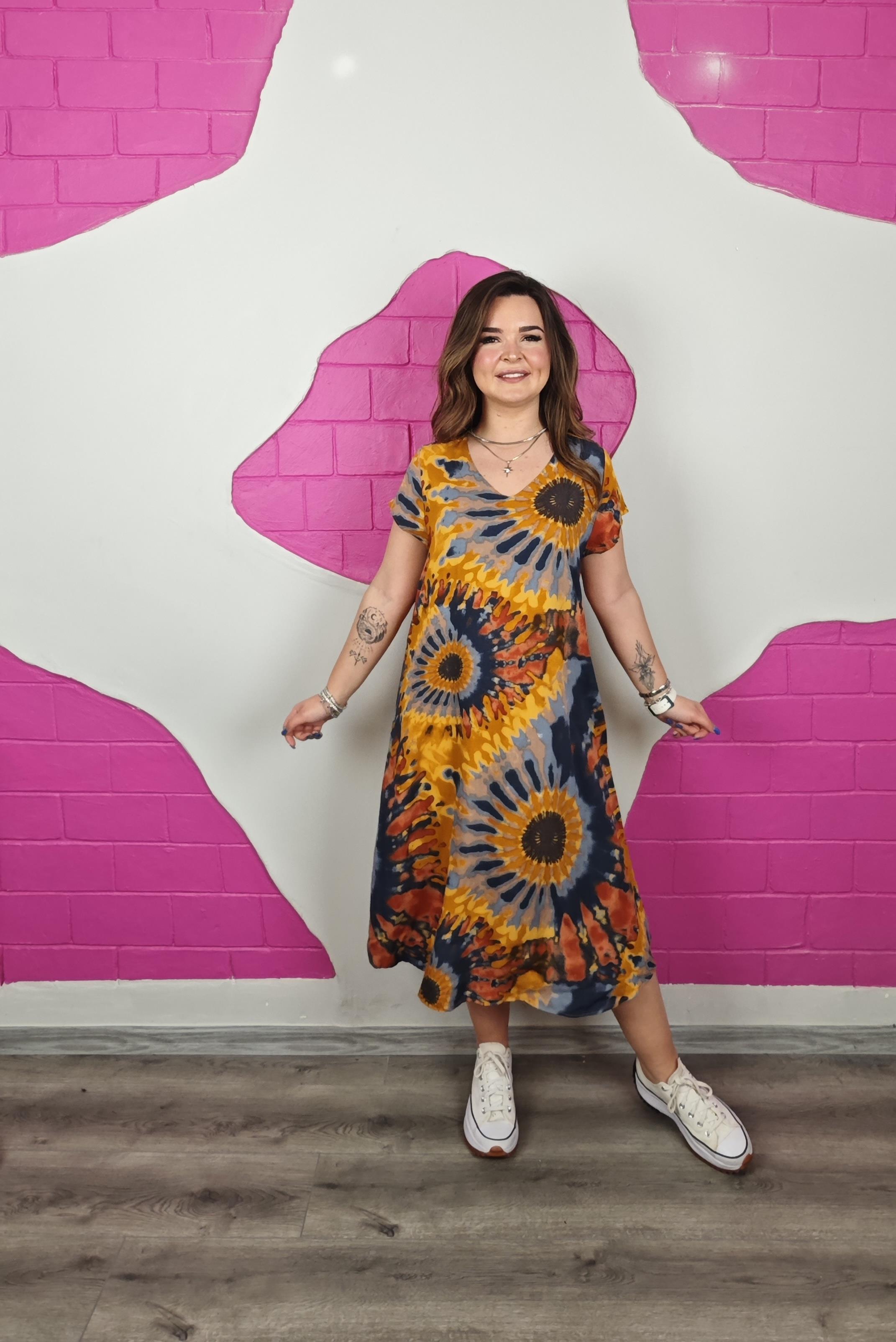 BÜYÜK BEDEN BATİK HARDAL VİSKON ELBİSE