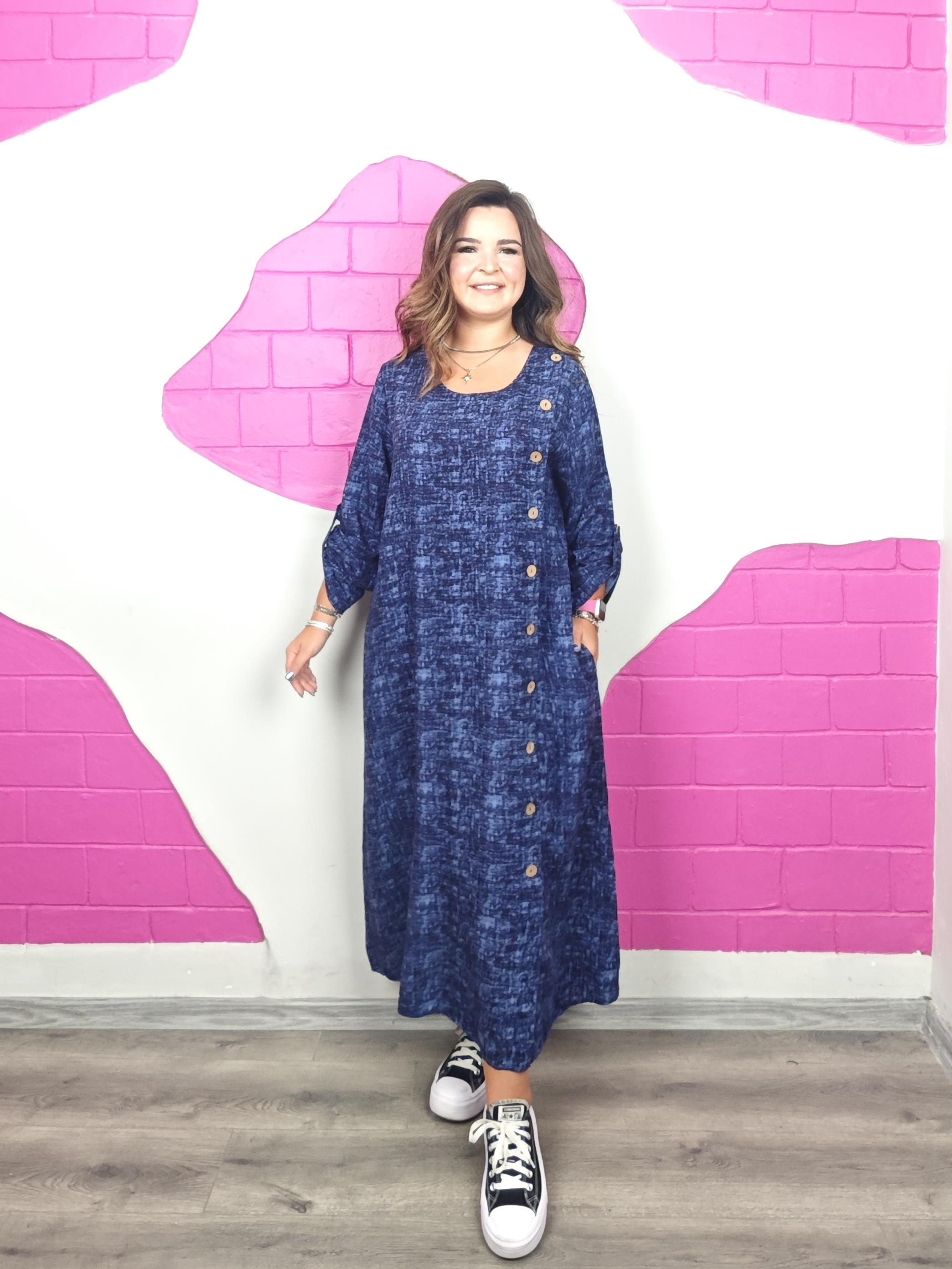 BÜYÜK BEDEN MAVİ DÜĞMELİ VİSKON ELBİSE ÖN SİPARİŞE AÇIK 24 EYLÜL KARGO