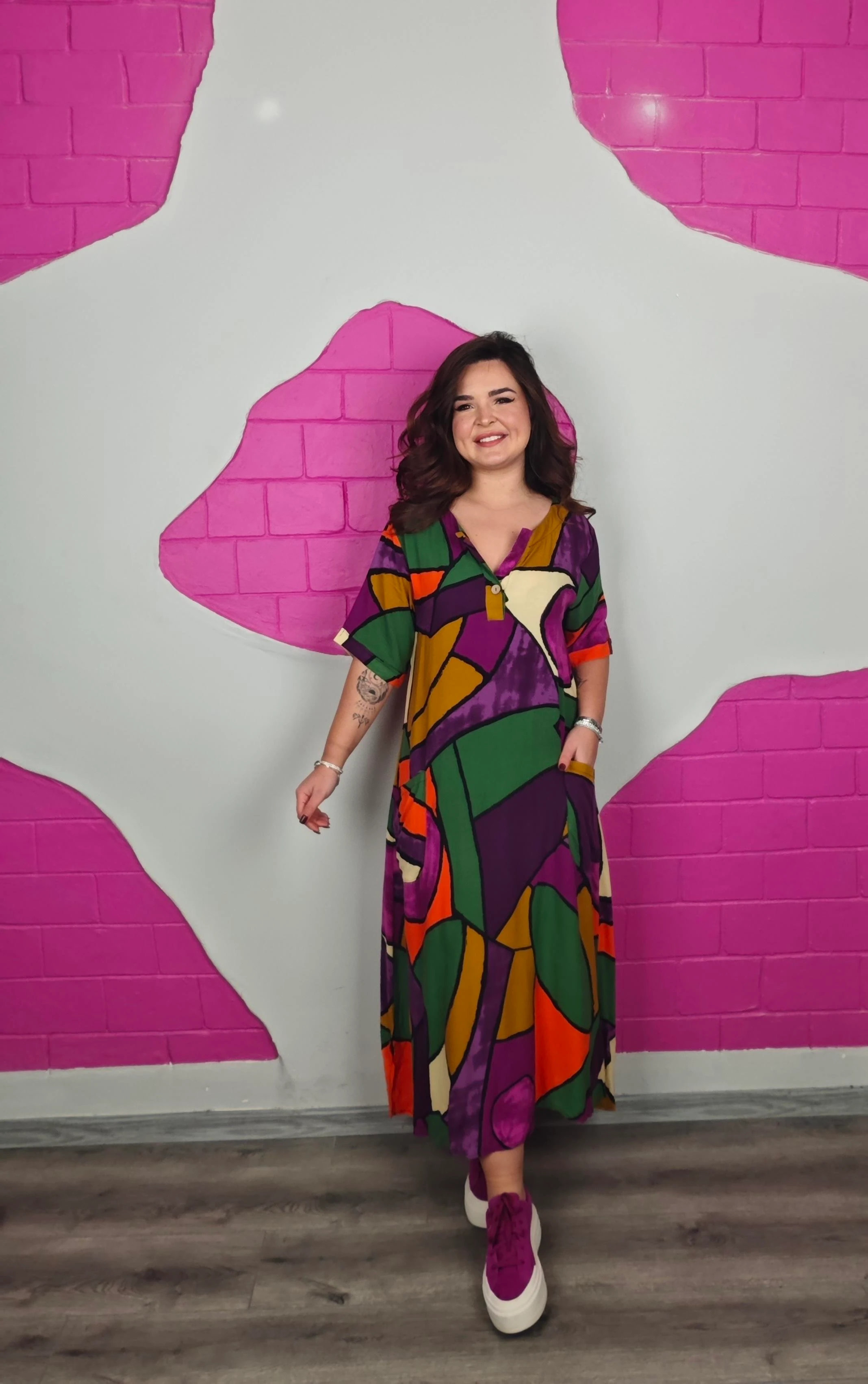 BÜYÜK BEDEN MOR GEOMETRİK ELBİSE