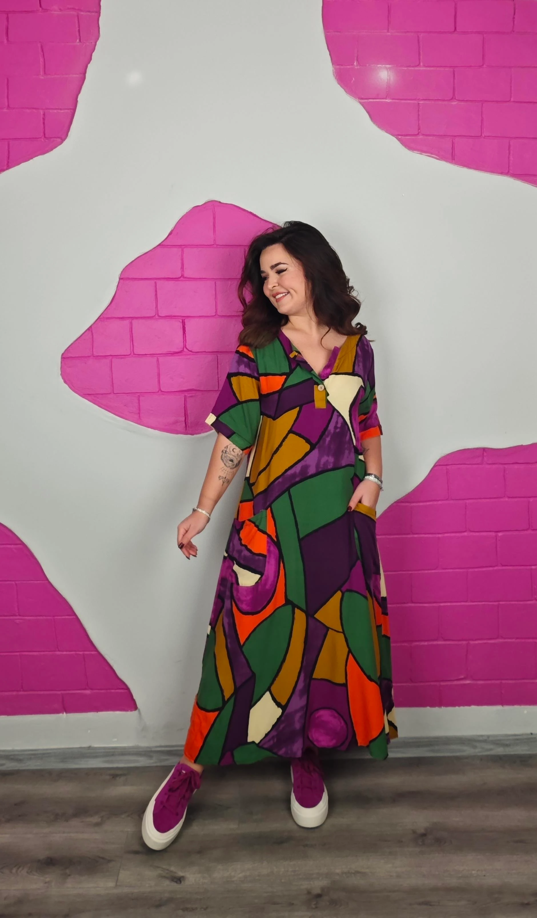 BÜYÜK BEDEN MOR GEOMETRİK ELBİSE