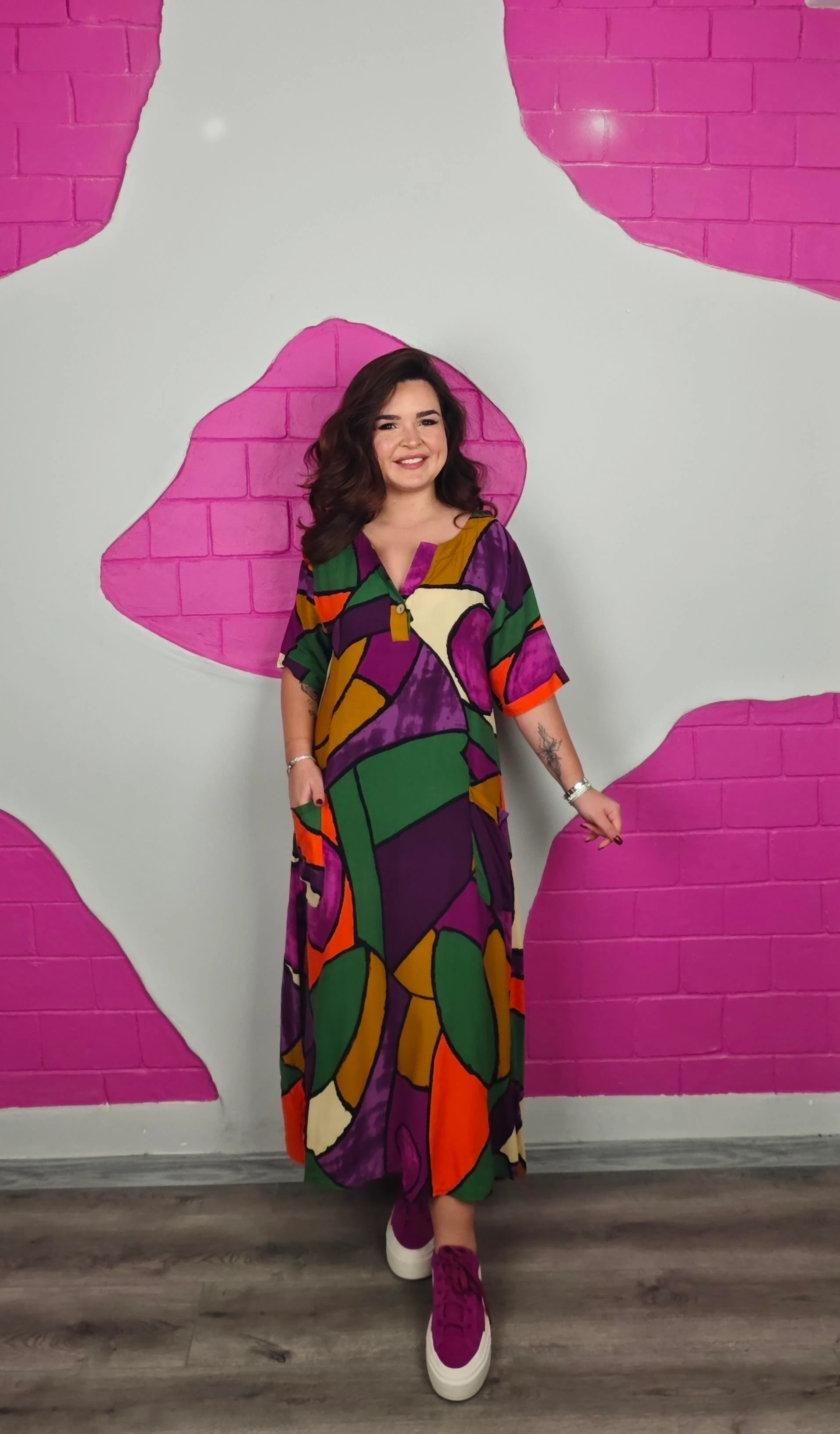 BÜYÜK BEDEN MOR GEOMETRİK ELBİSE