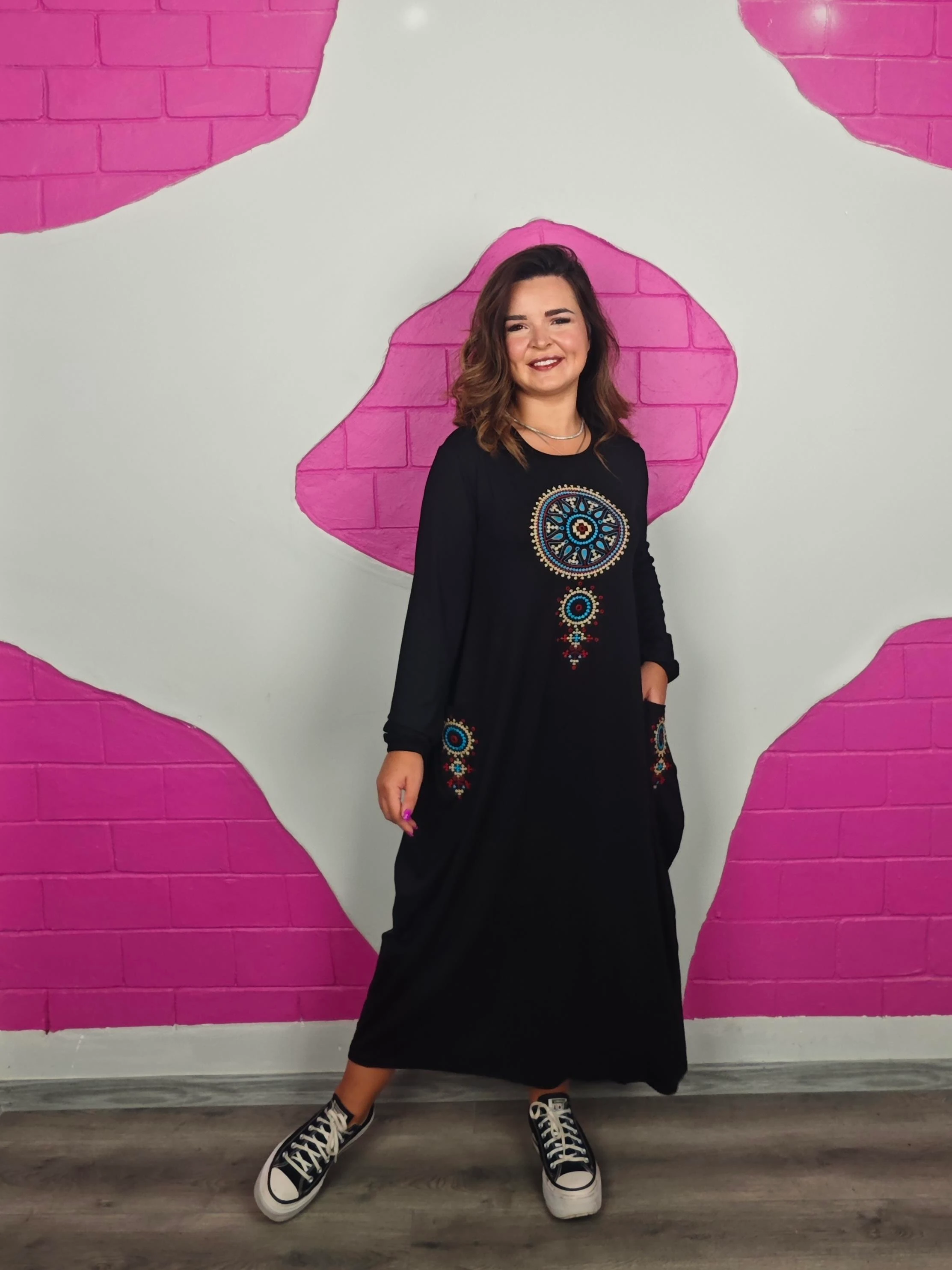 BÜYÜK BEDEN MANDALA UZUN KOL NAKIŞLI ELBİSE