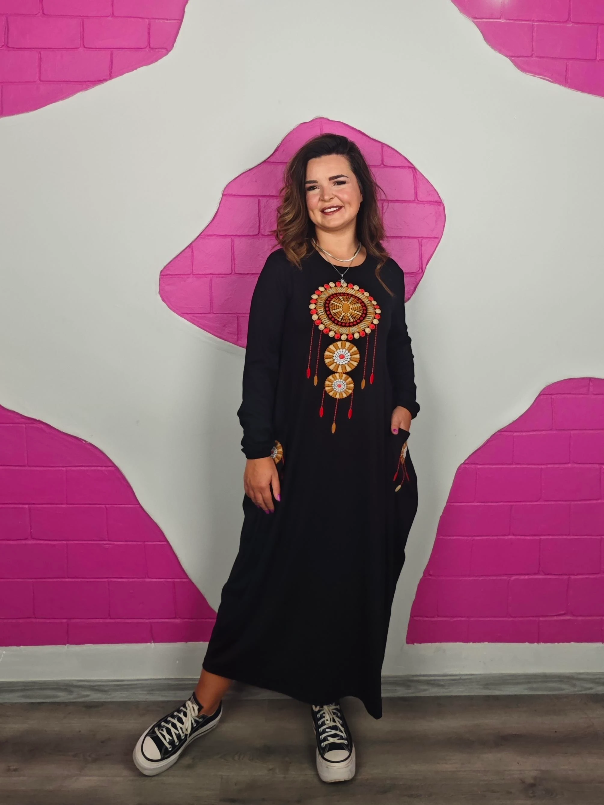 BÜYÜK BEDEN UZUN KOL NAKIŞLI ELBİSE