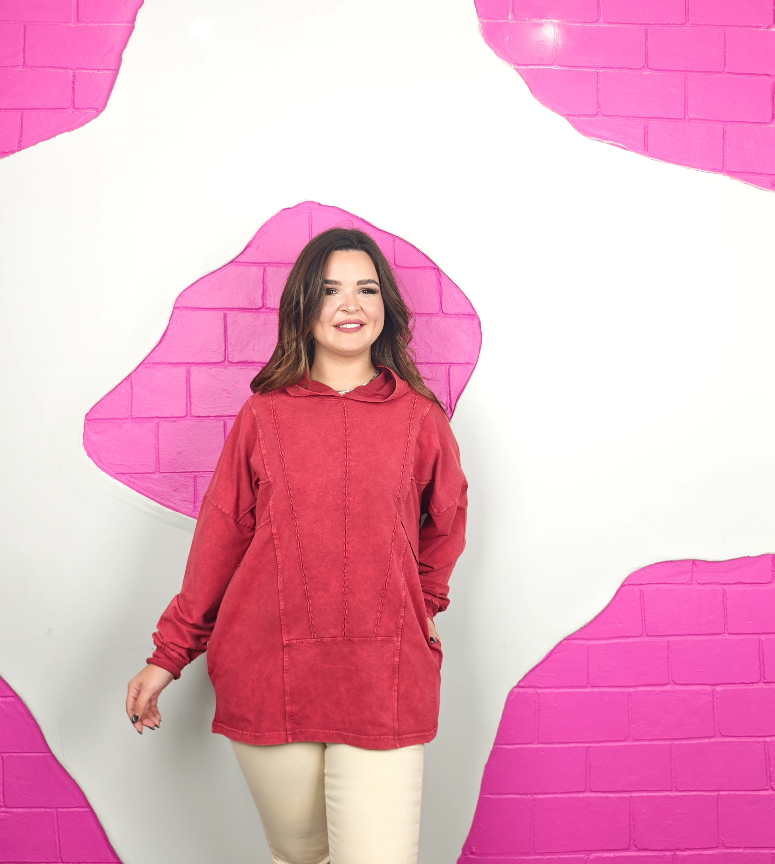 BÜYÜK BEDEN YIKAMALI TASARIM SWEATSHIRT - BORDO