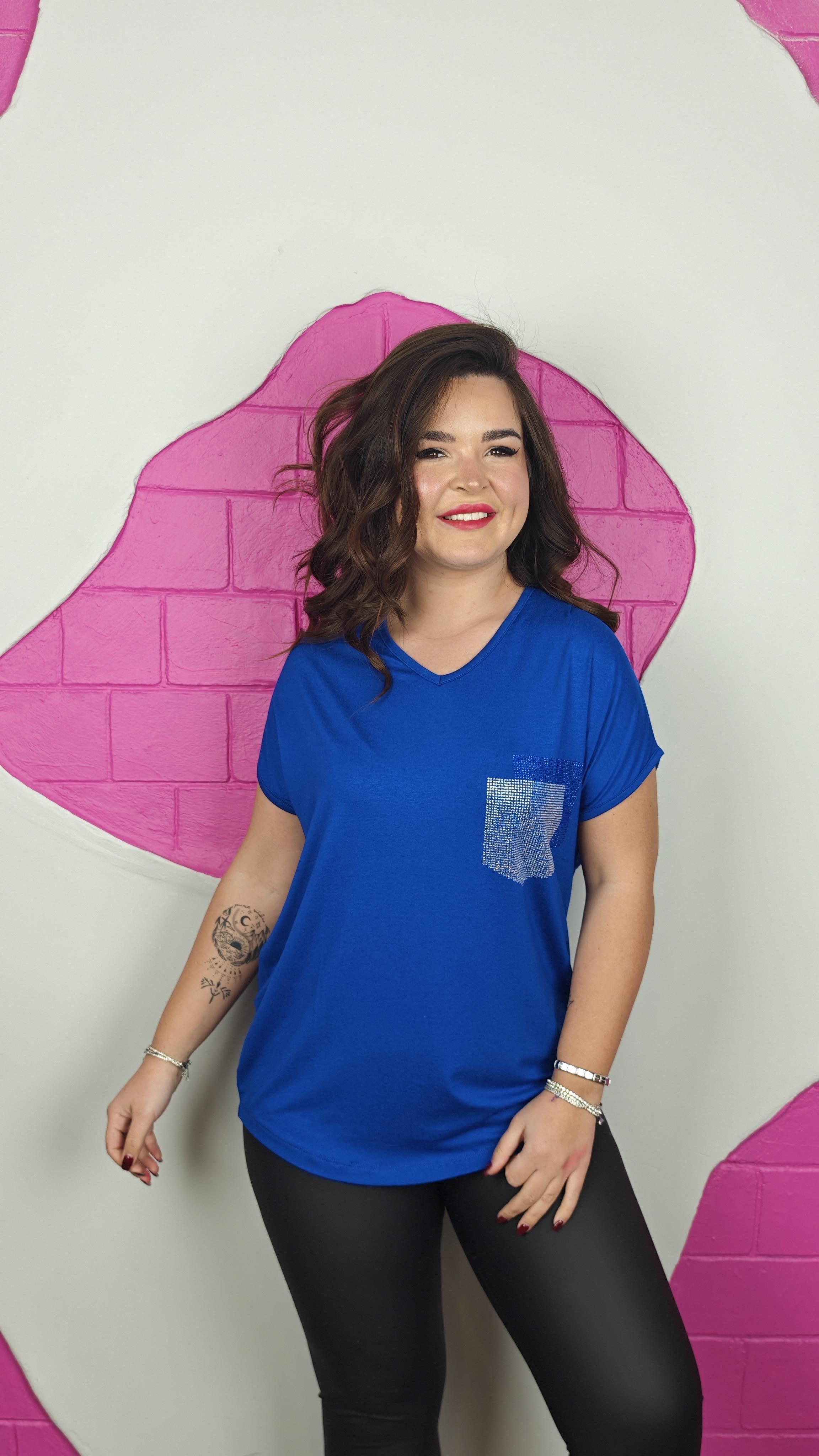 BÜYÜK BEDEN SAKS CEBİ TAŞLI BLUZ