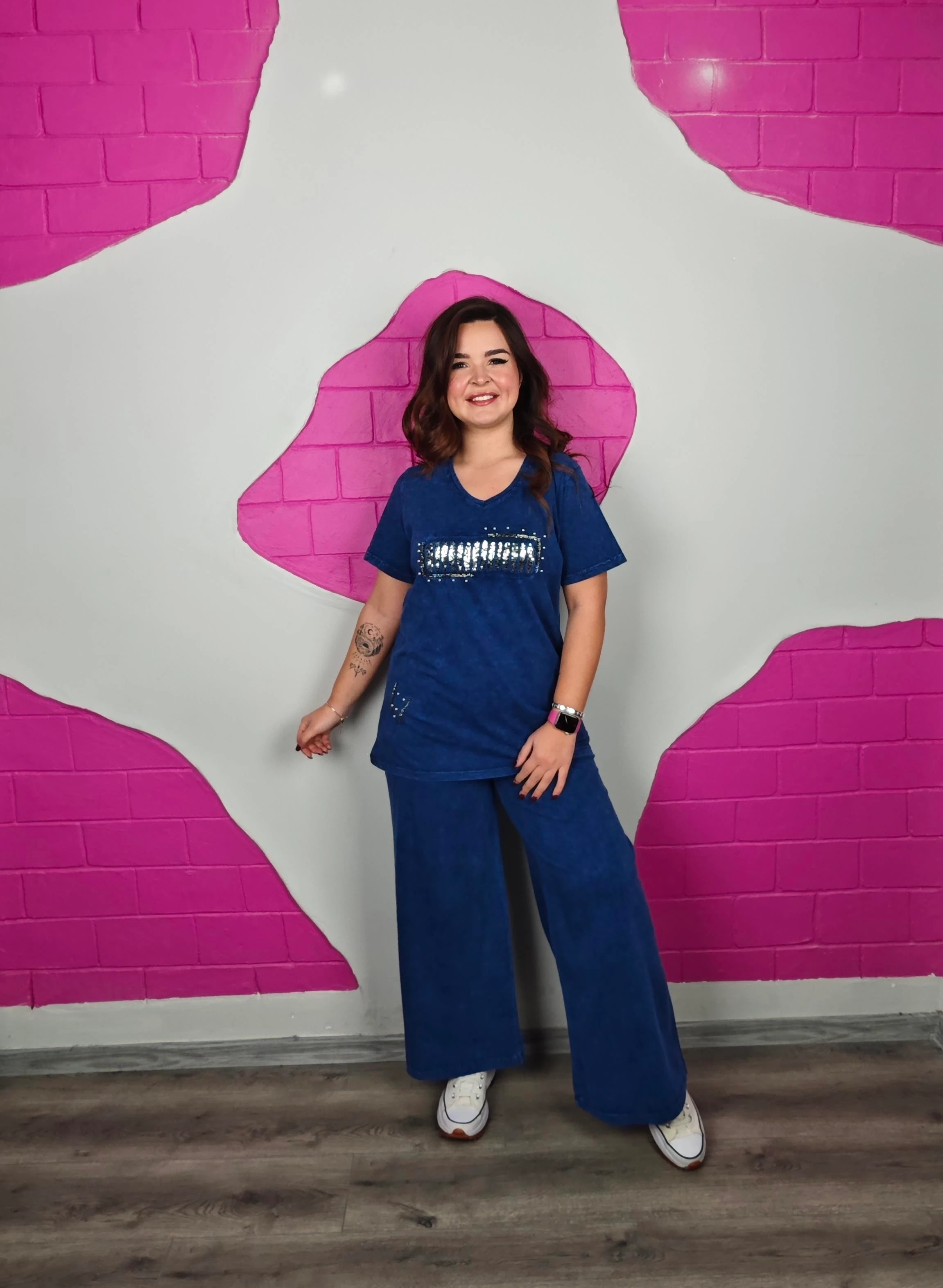 BÜYÜK BEDEN MAVİ YIKAMALI PAYETLİ TAKIM