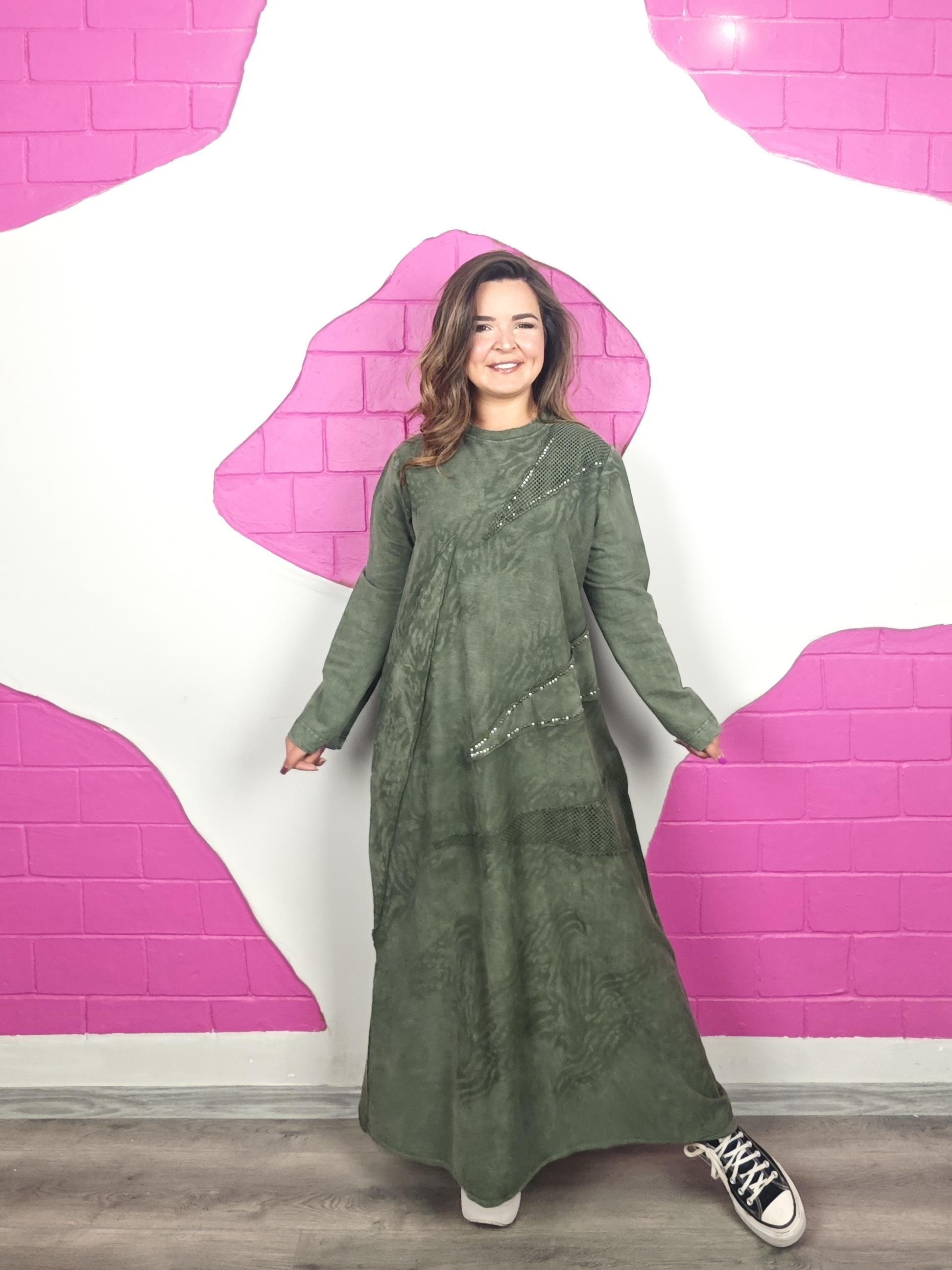 BÜYÜK BEDEN YIKAMALI HAKİ TRİKO ELBİSE