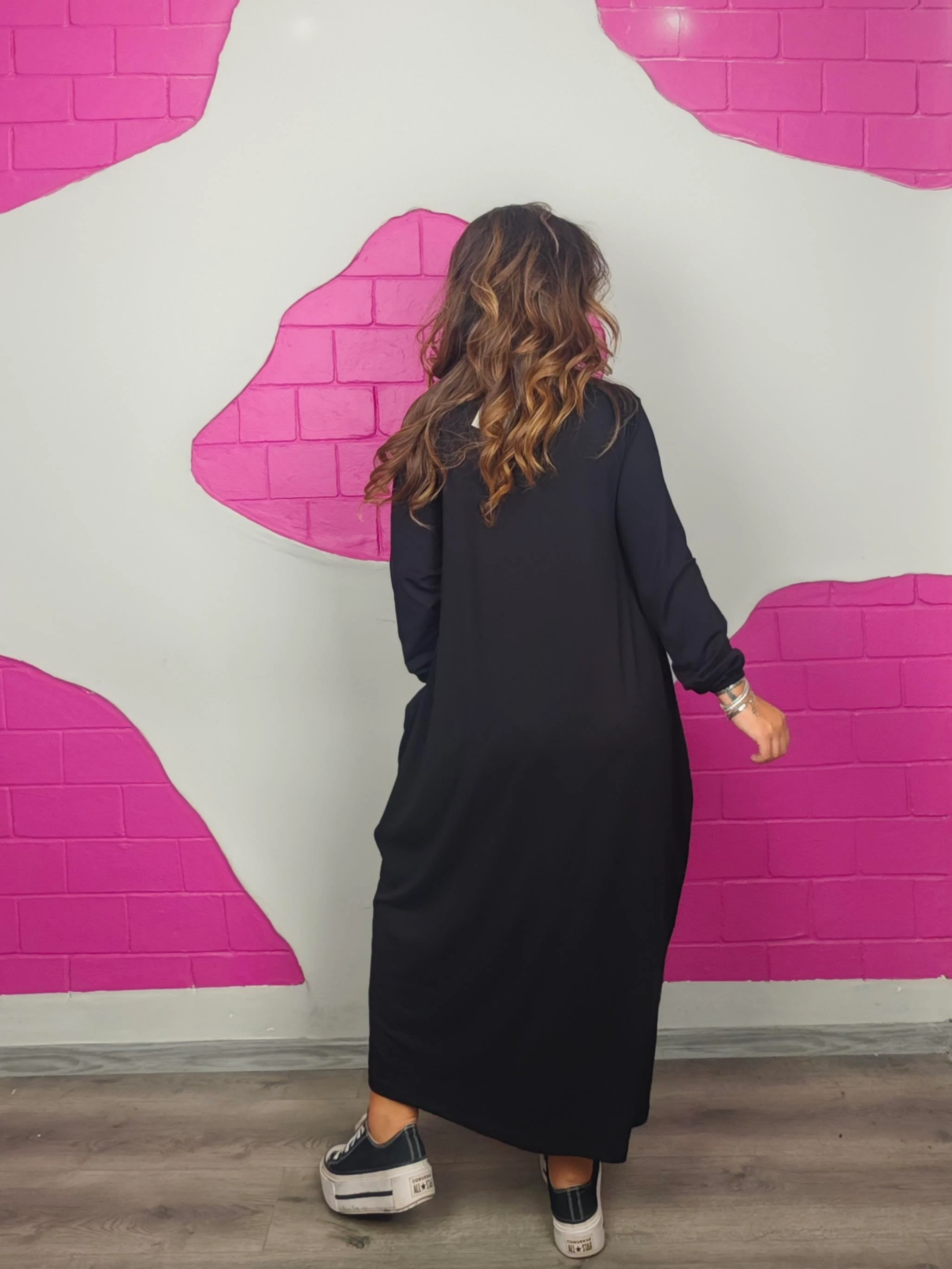 BÜYÜK BEDEN UZUN KOL ÇİÇEK NAKIŞLI ELBİSE 130CM BOY