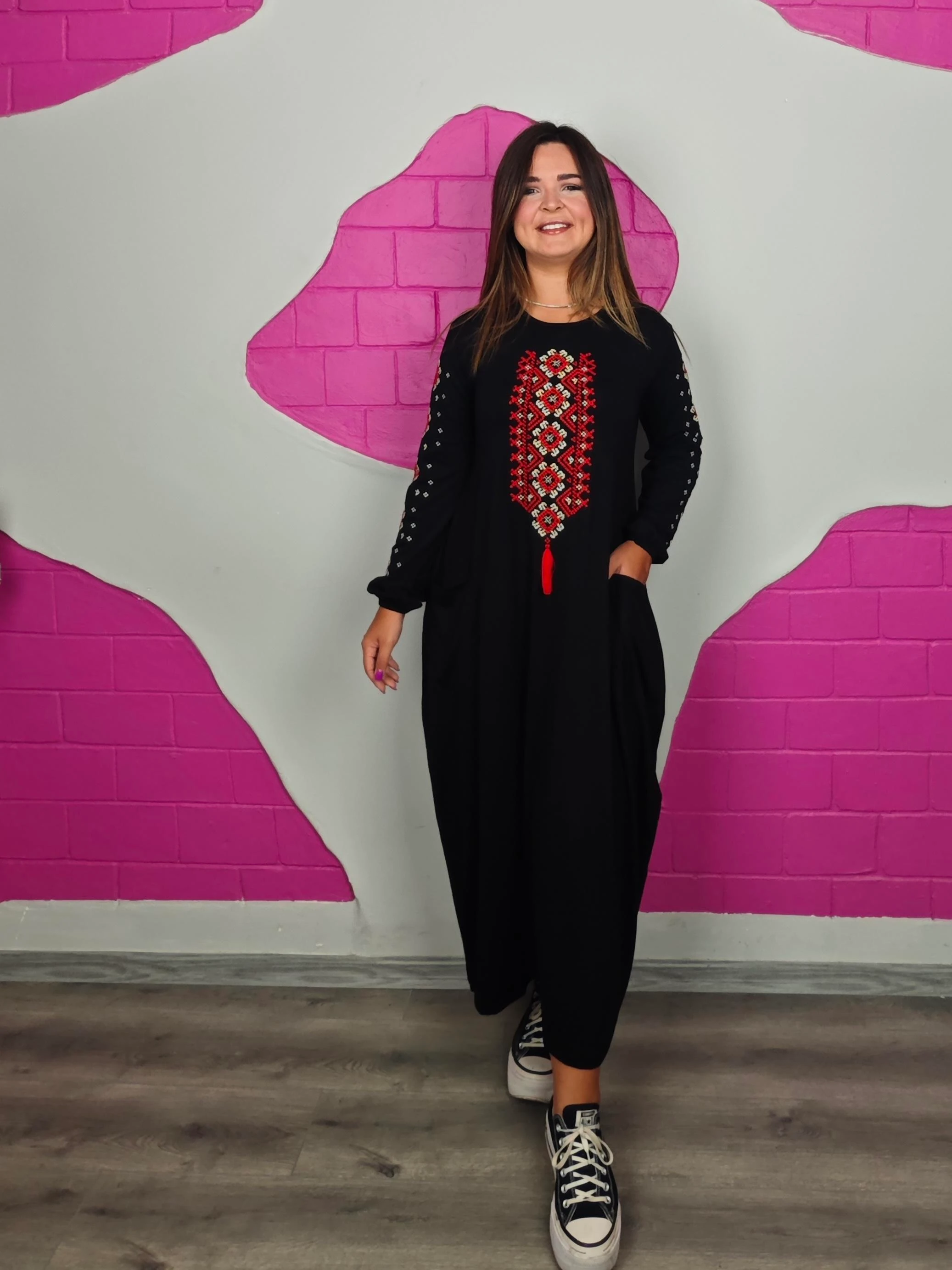 BÜYÜK BEDEN KIRMIZI NAKIŞLI ELBİSE