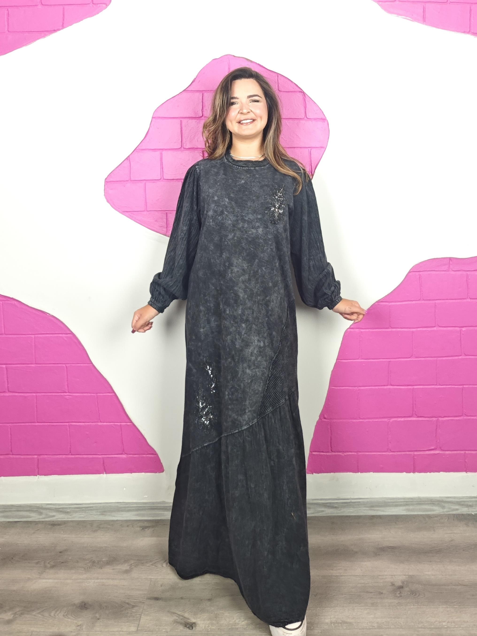 BÜYÜK BEDEN YIKAMALI FIRFIRLI ANTRASİT ELBİSE