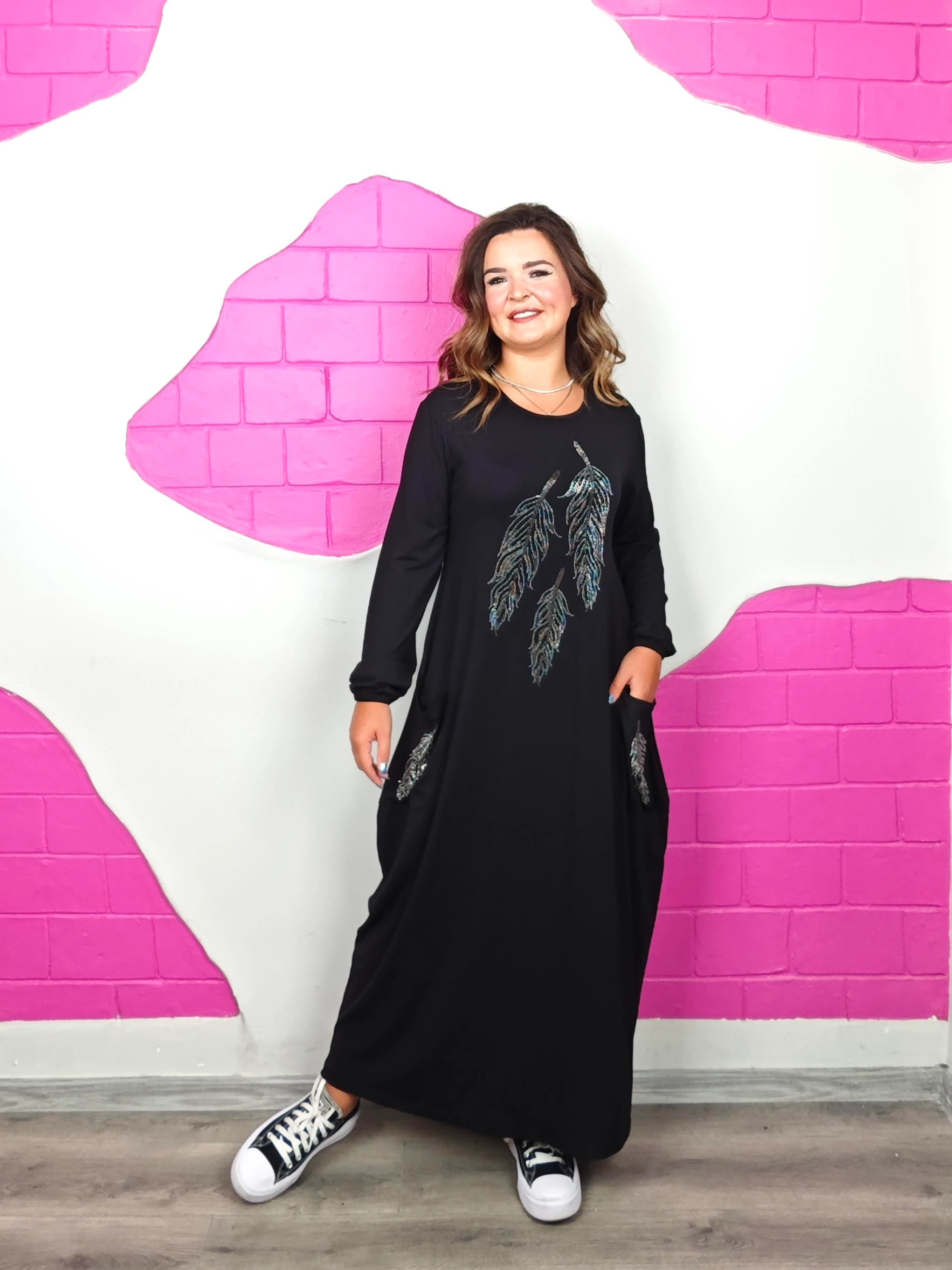 BÜYÜK BEDEN TÜY TAŞLI TORBA ELBİSE