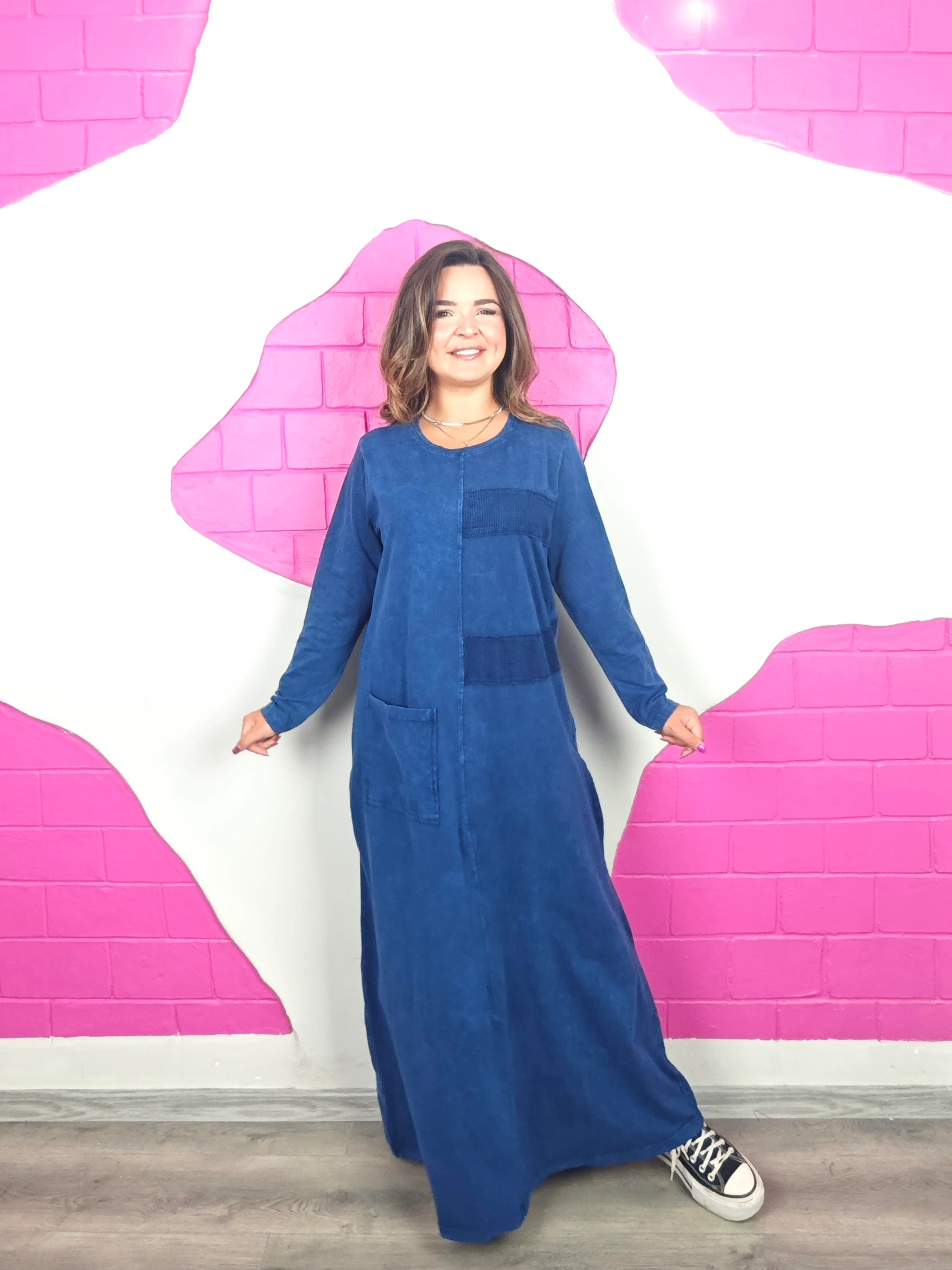 BÜYÜK BEDEN YIKAMALI FİLE LACİVERT ELBİSE