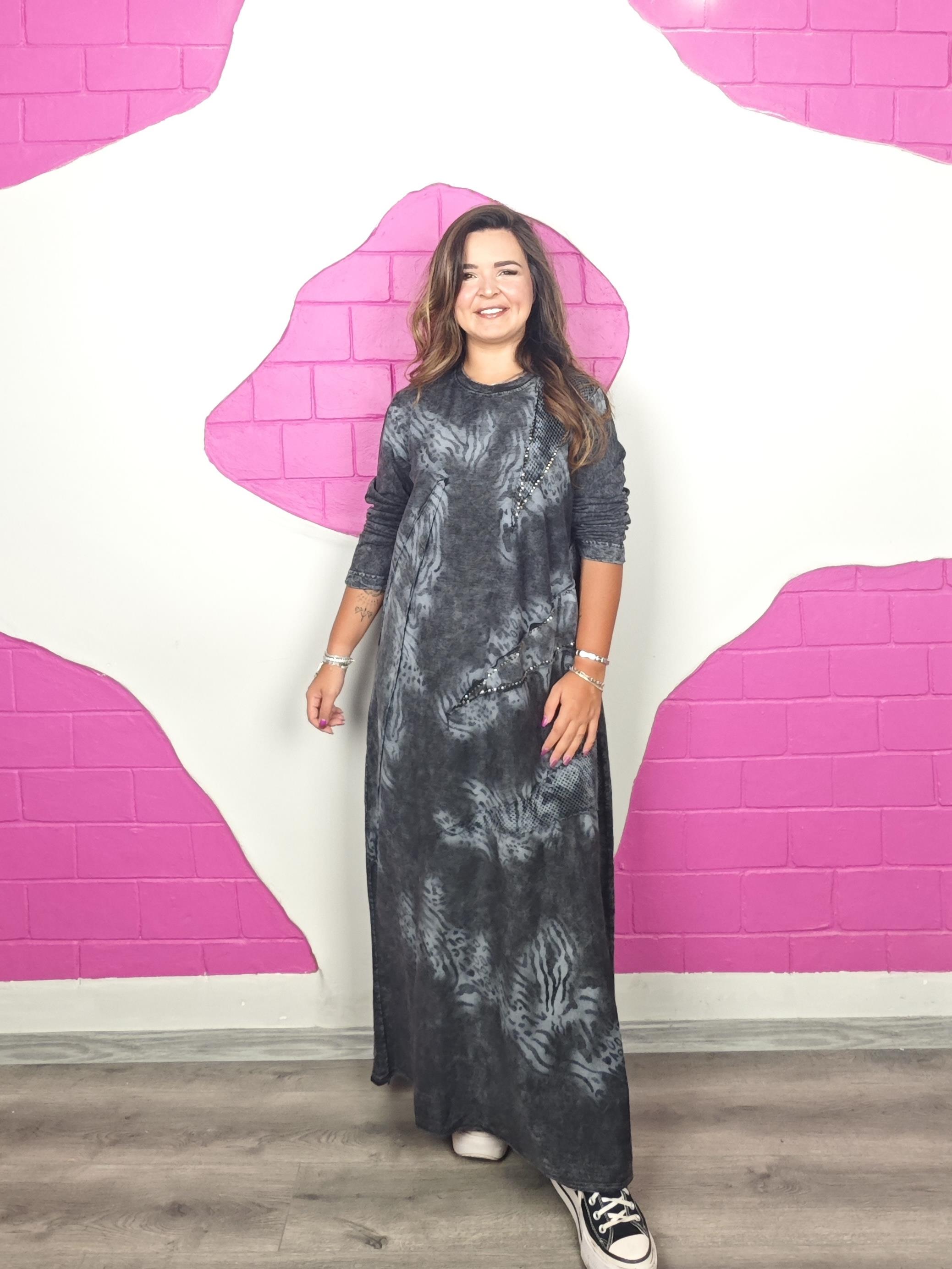 BÜYÜK BEDEN YIKAMALI GRİ TRİKO ELBİSE