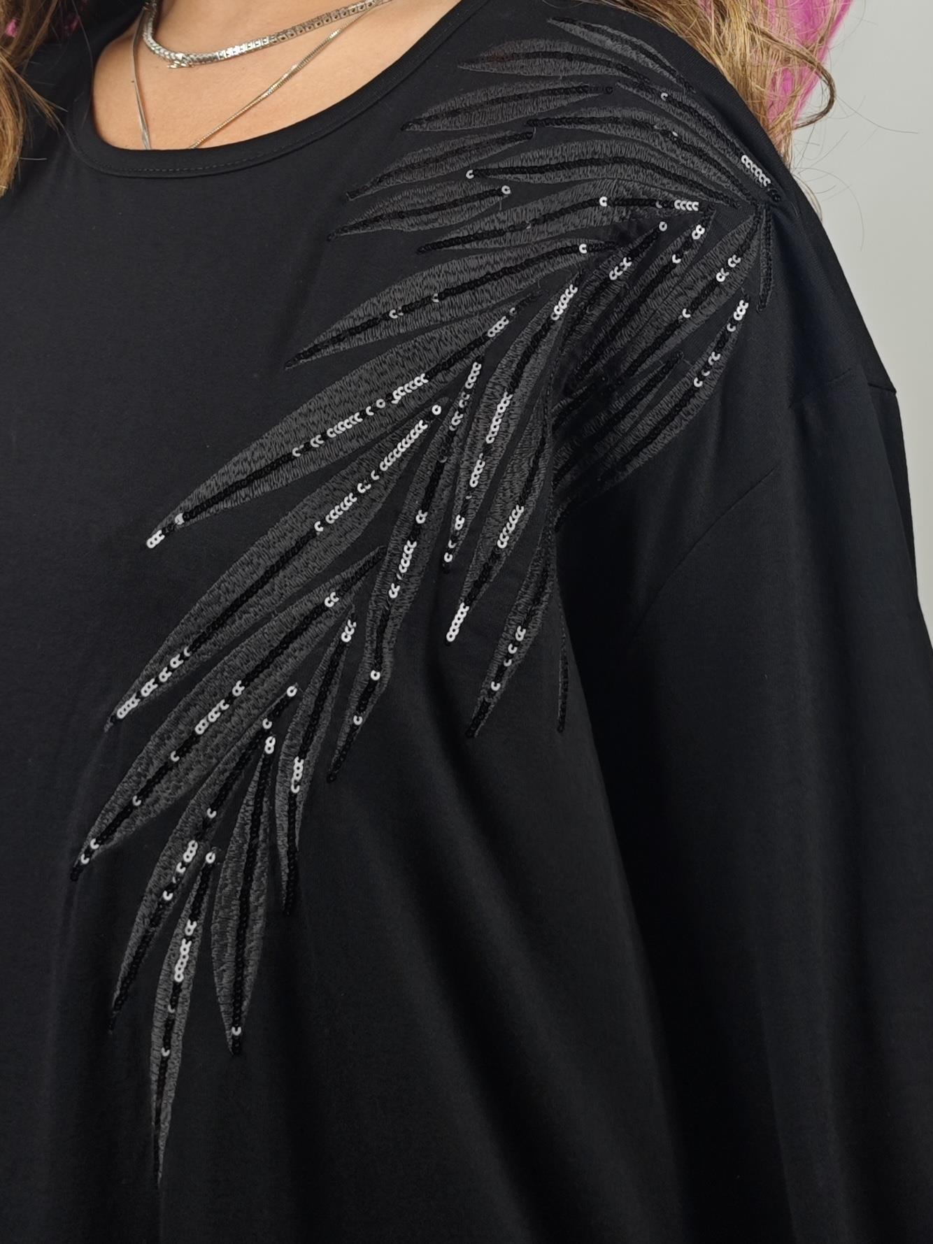 BÜYÜK BEDEN BATTAL SİYAH YAPRAKLI ELBİSE