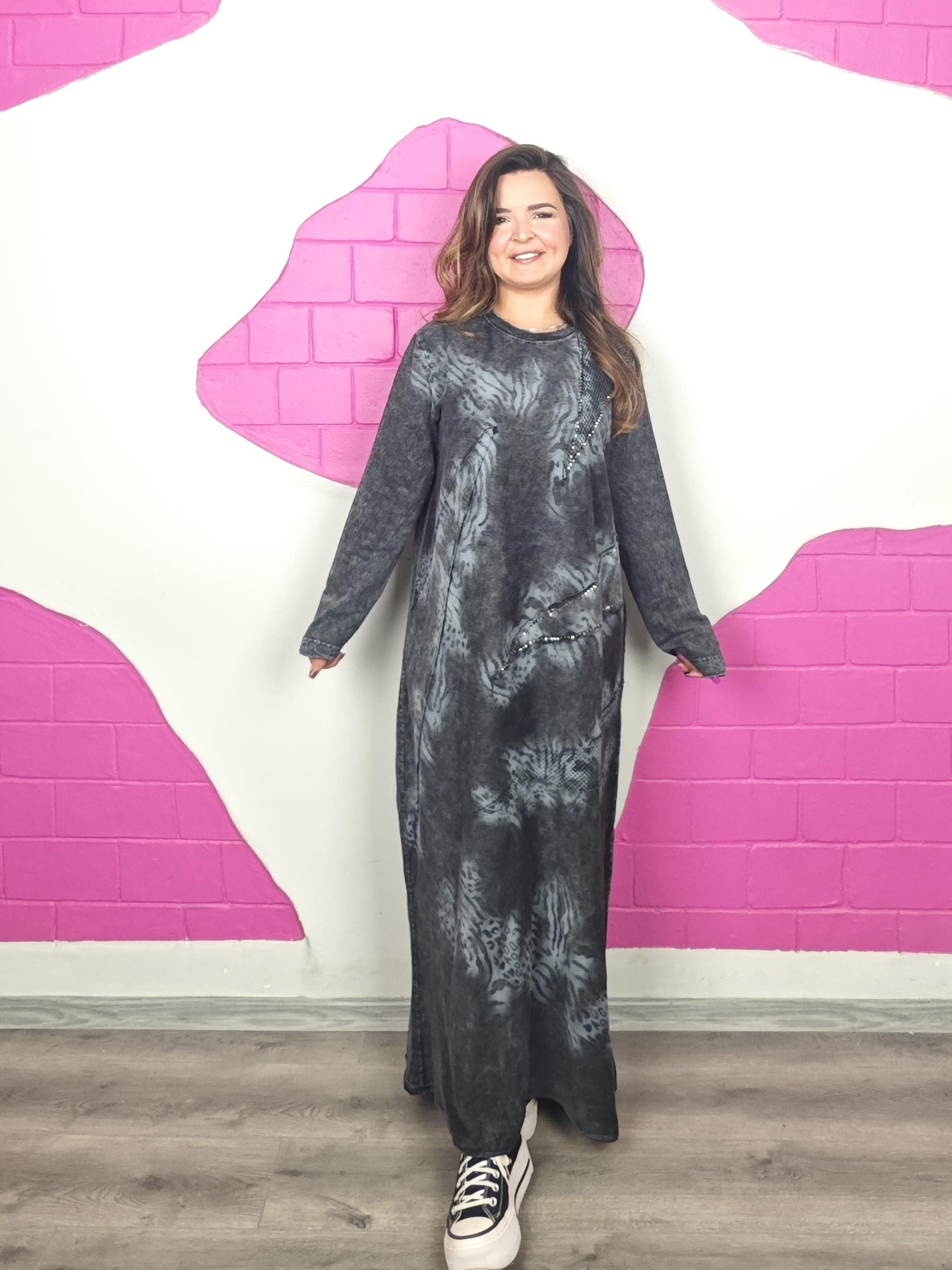 BÜYÜK BEDEN YIKAMALI GRİ TRİKO ELBİSE