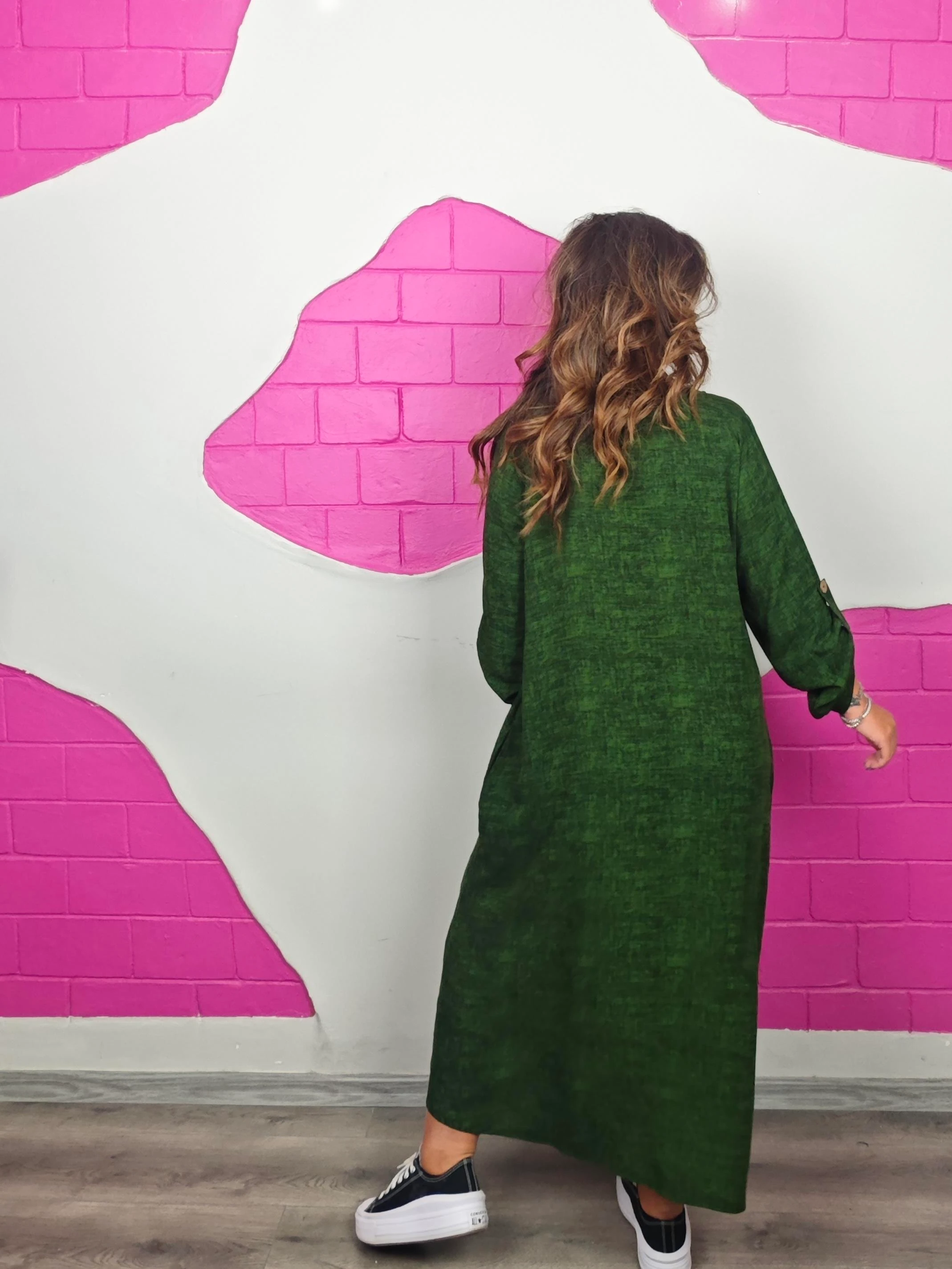 BÜYÜK BEDEN YEŞİL DÜĞMELİ VİSKON ELBİSE ÖN SİPARİŞE AÇIK 24 EYLÜL KARGO