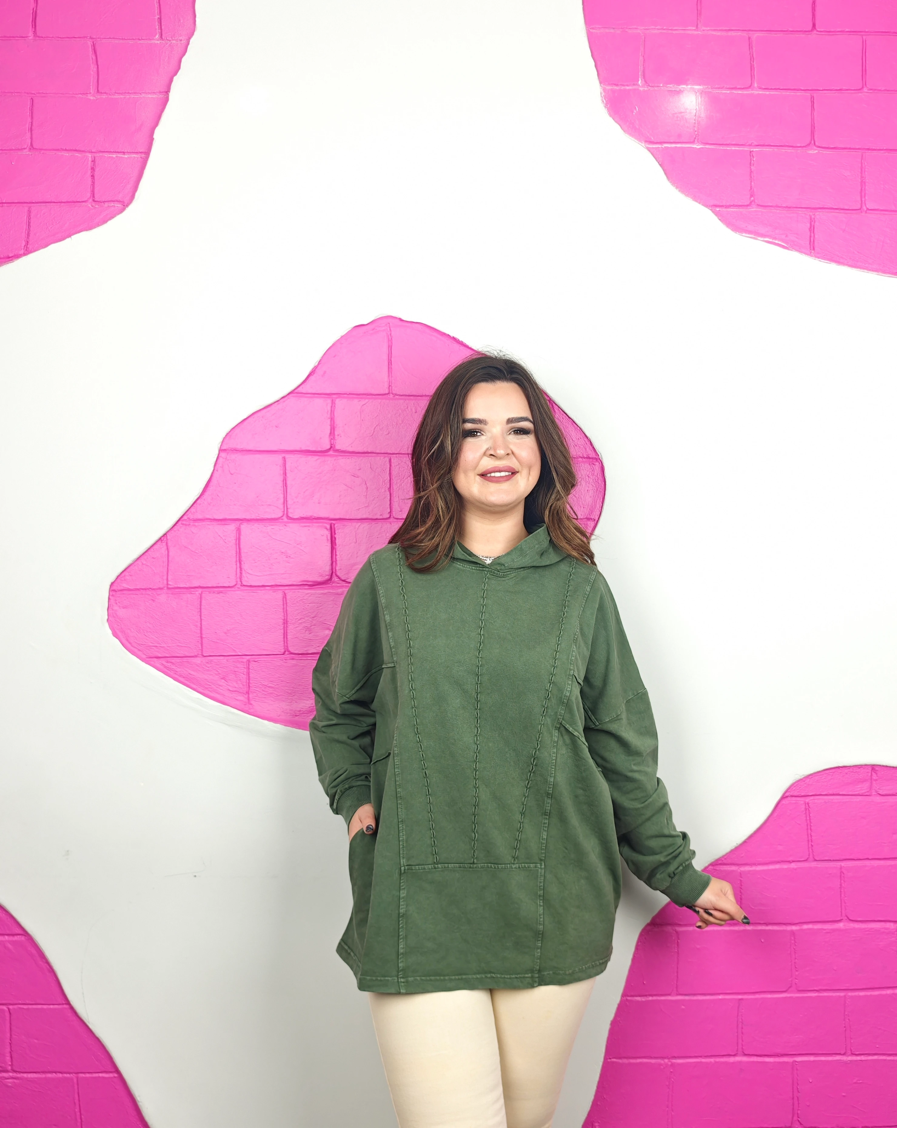 BATTAL BEDEN YIKAMALI TASARIM SWEATSHIRT - HAKİ