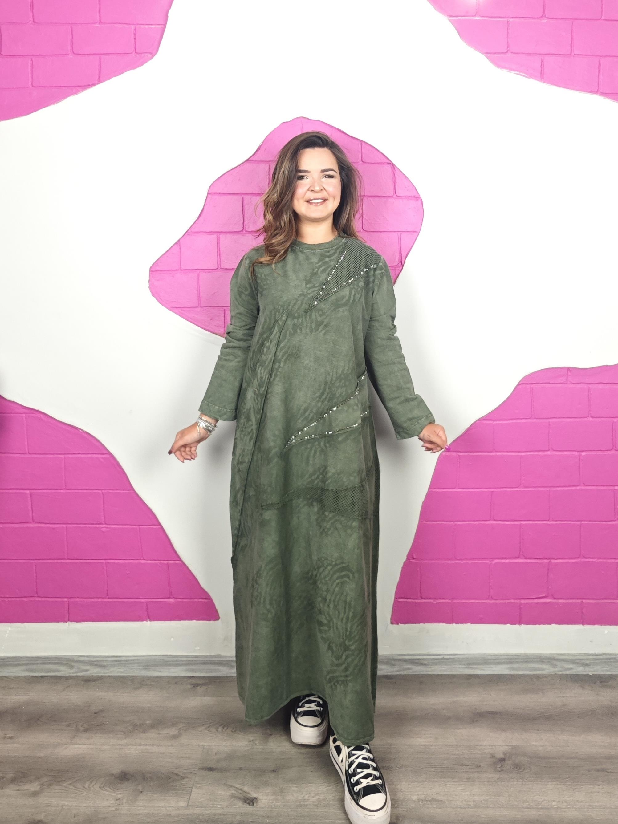 BÜYÜK BEDEN YIKAMALI HAKİ TRİKO ELBİSE