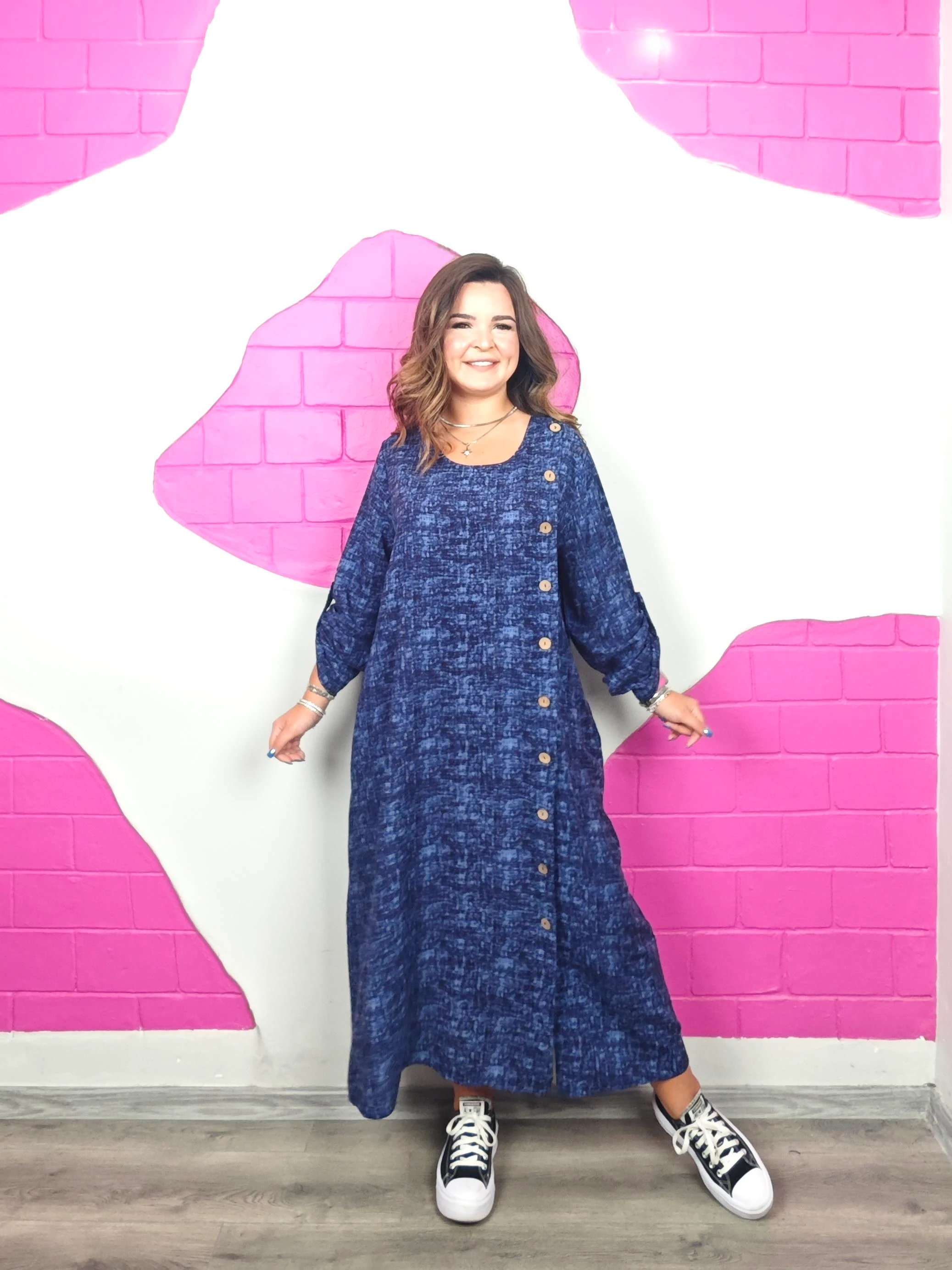 BÜYÜK BEDEN MAVİ DÜĞMELİ VİSKON ELBİSE ÖN SİPARİŞE AÇIK 24 EYLÜL KARGO