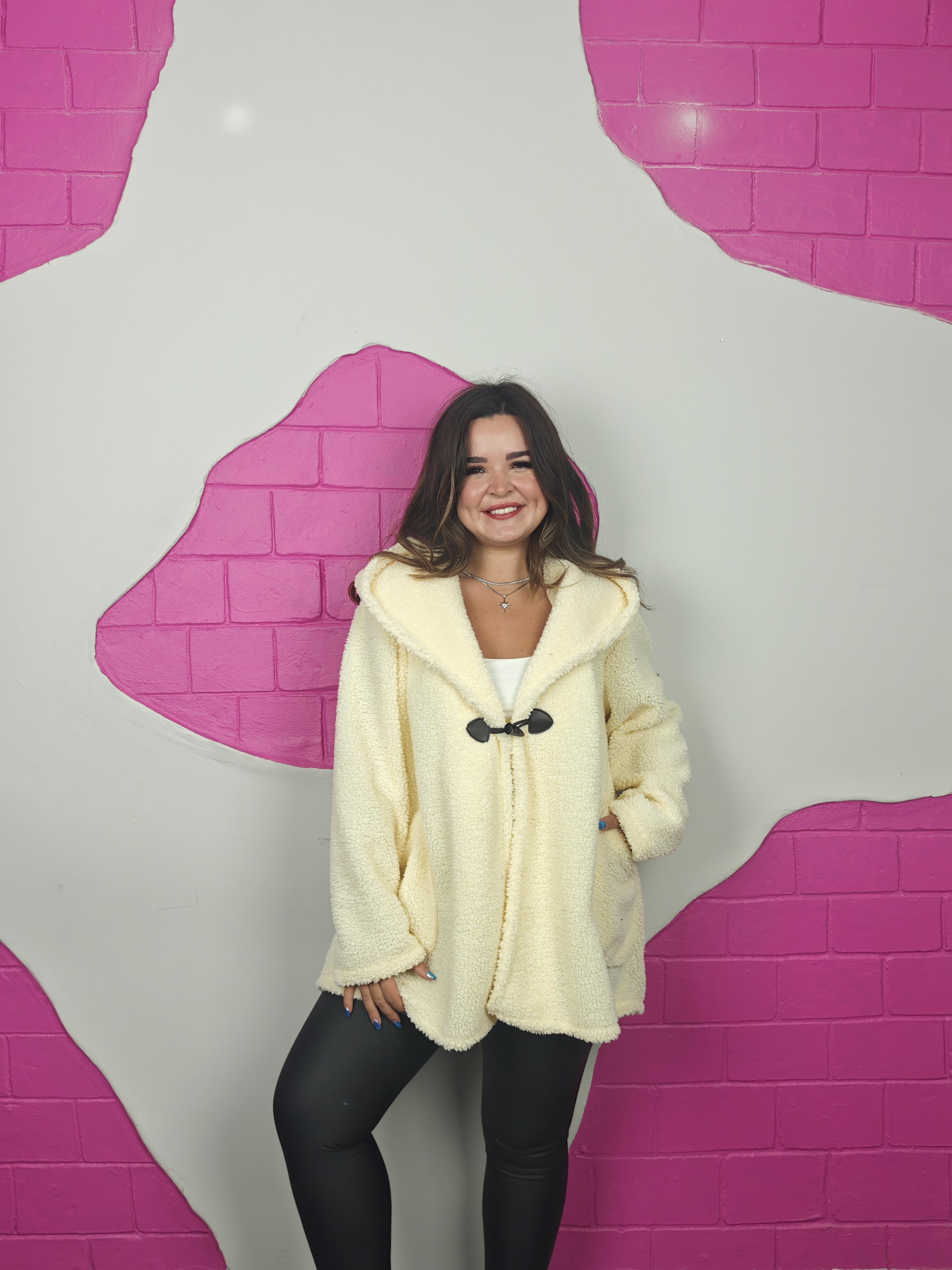 BÜYÜK BEDEN TEDDY KAPÜŞONLU EKRU KABAN