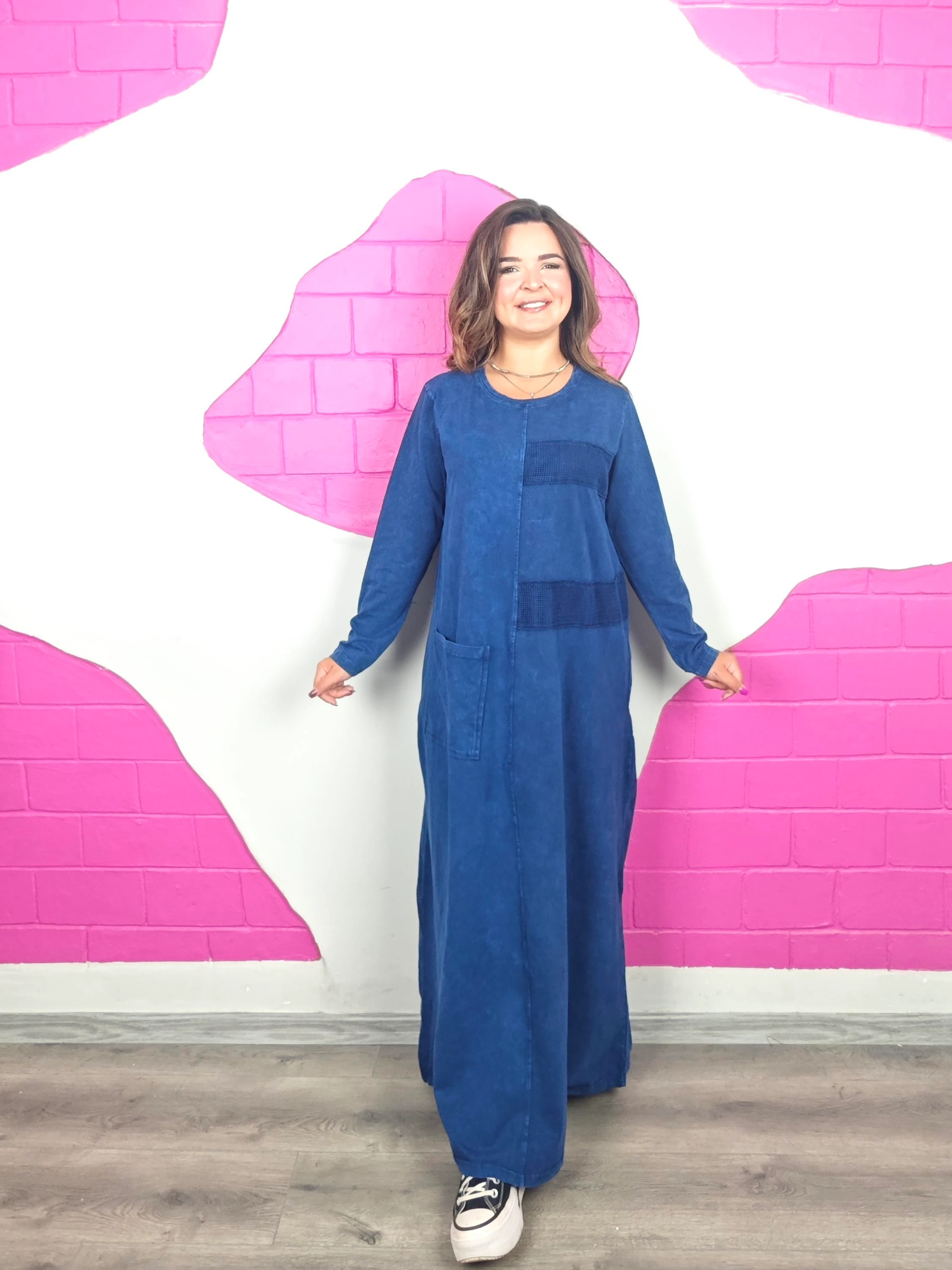 BÜYÜK BEDEN YIKAMALI FİLE LACİVERT ELBİSE